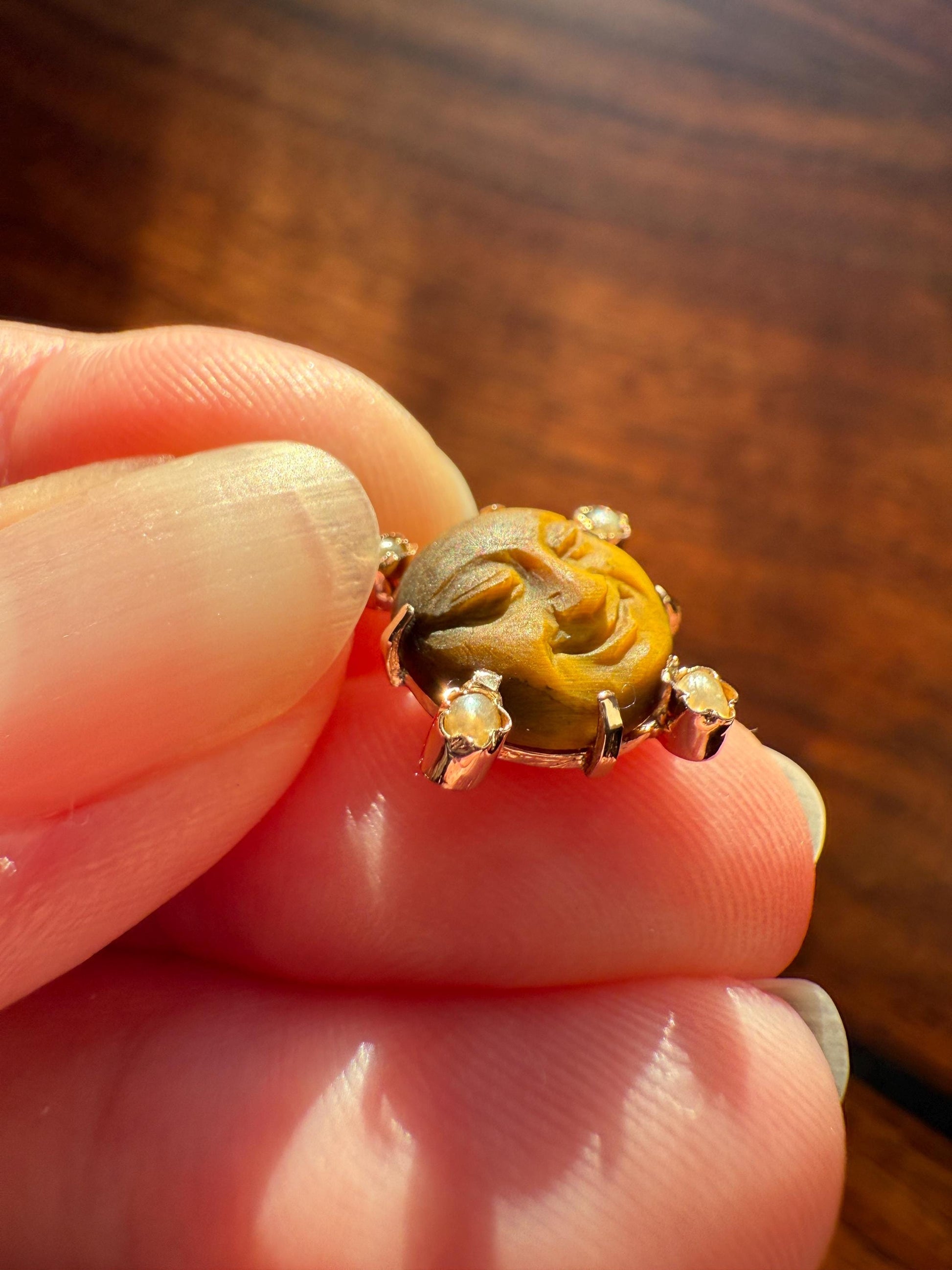 MOON Antique Carve Catseye Chyrsoberyl Pearl Smiling Man Face French Victorian 18k Gold Figural Pendant Belle Epoque Necklace Bracelet Charm