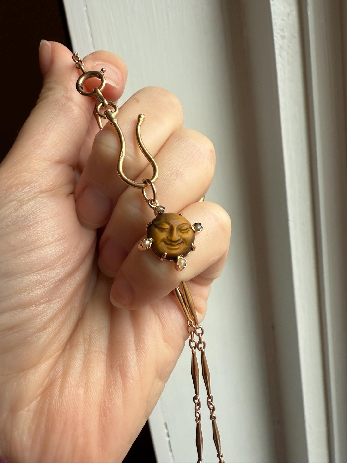 MOON Antique Carve Catseye Chyrsoberyl Pearl Smiling Man Face French Victorian 18k Gold Figural Pendant Belle Epoque Necklace Bracelet Charm