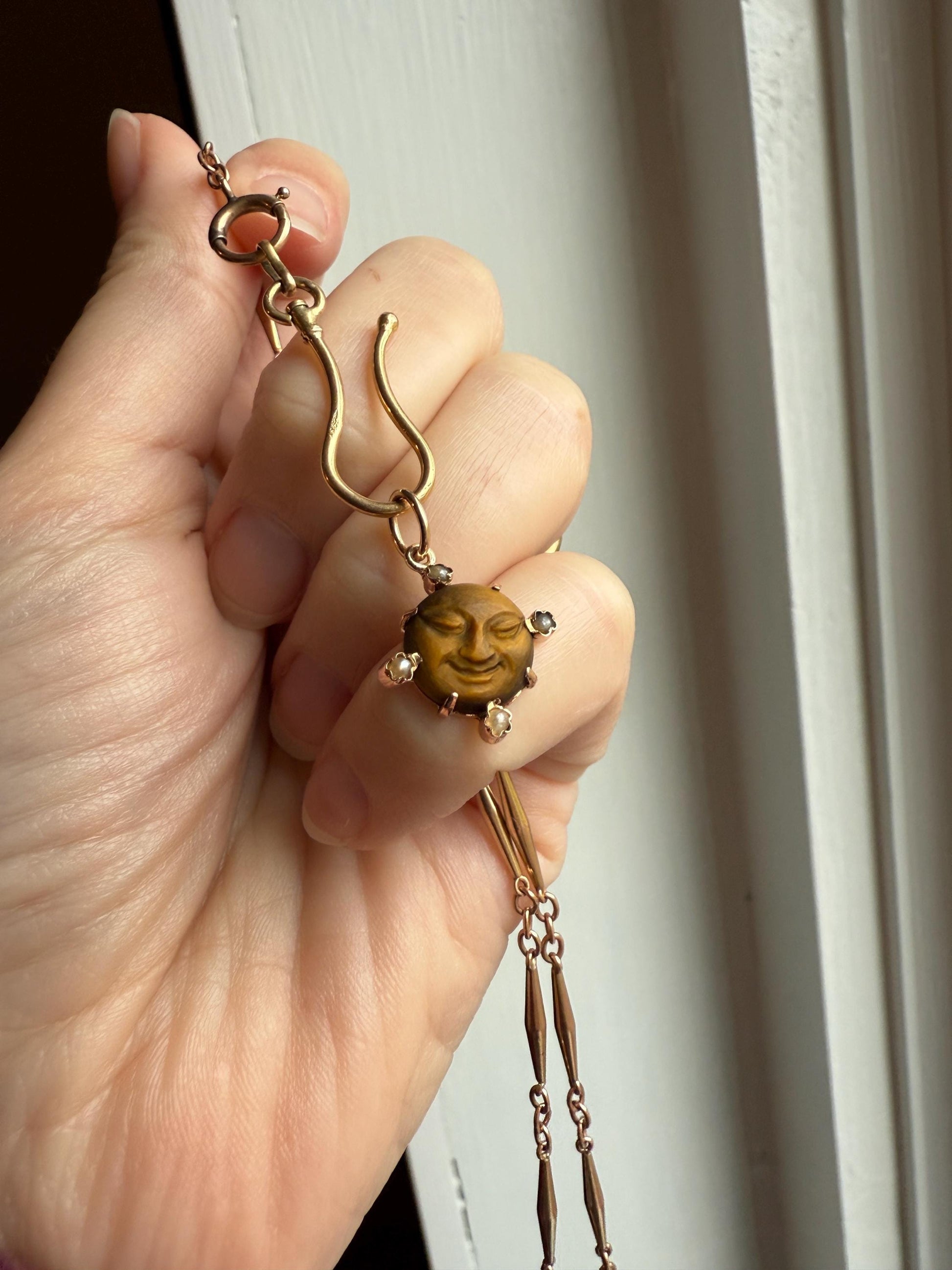 MOON Antique Carve Catseye Chyrsoberyl Pearl Smiling Man Face French Victorian 18k Gold Figural Pendant Belle Epoque Necklace Bracelet Charm