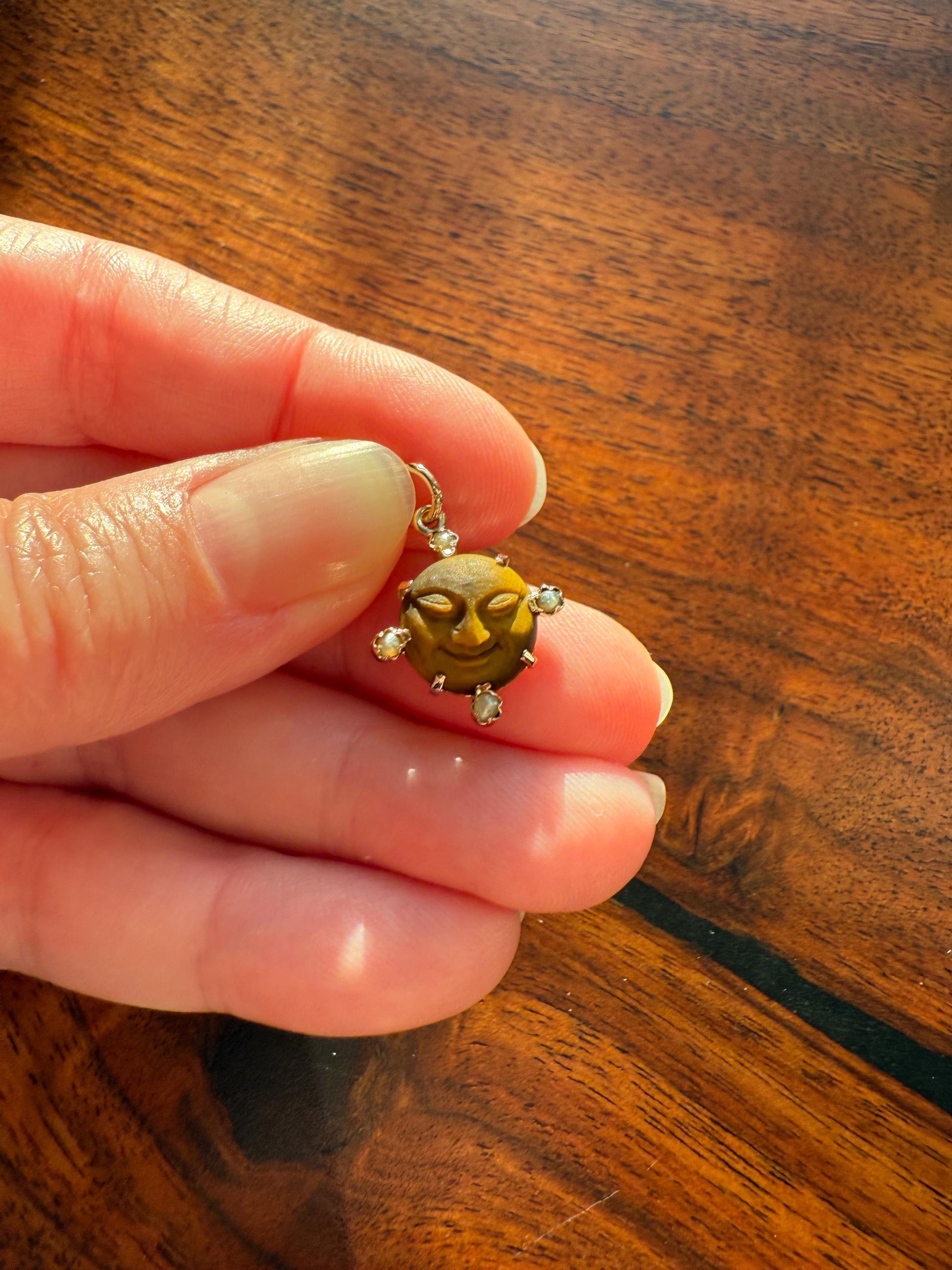 MOON Antique Carve Catseye Chyrsoberyl Pearl Smiling Man Face French Victorian 18k Gold Figural Pendant Belle Epoque Necklace Bracelet Charm