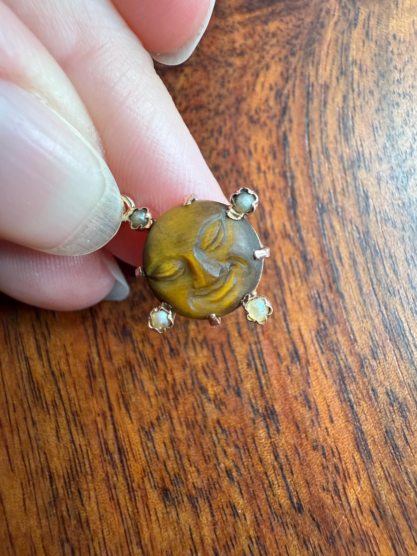 MOON Antique Carve Catseye Chyrsoberyl Pearl Smiling Man Face French Victorian 18k Gold Figural Pendant Belle Epoque Necklace Bracelet Charm