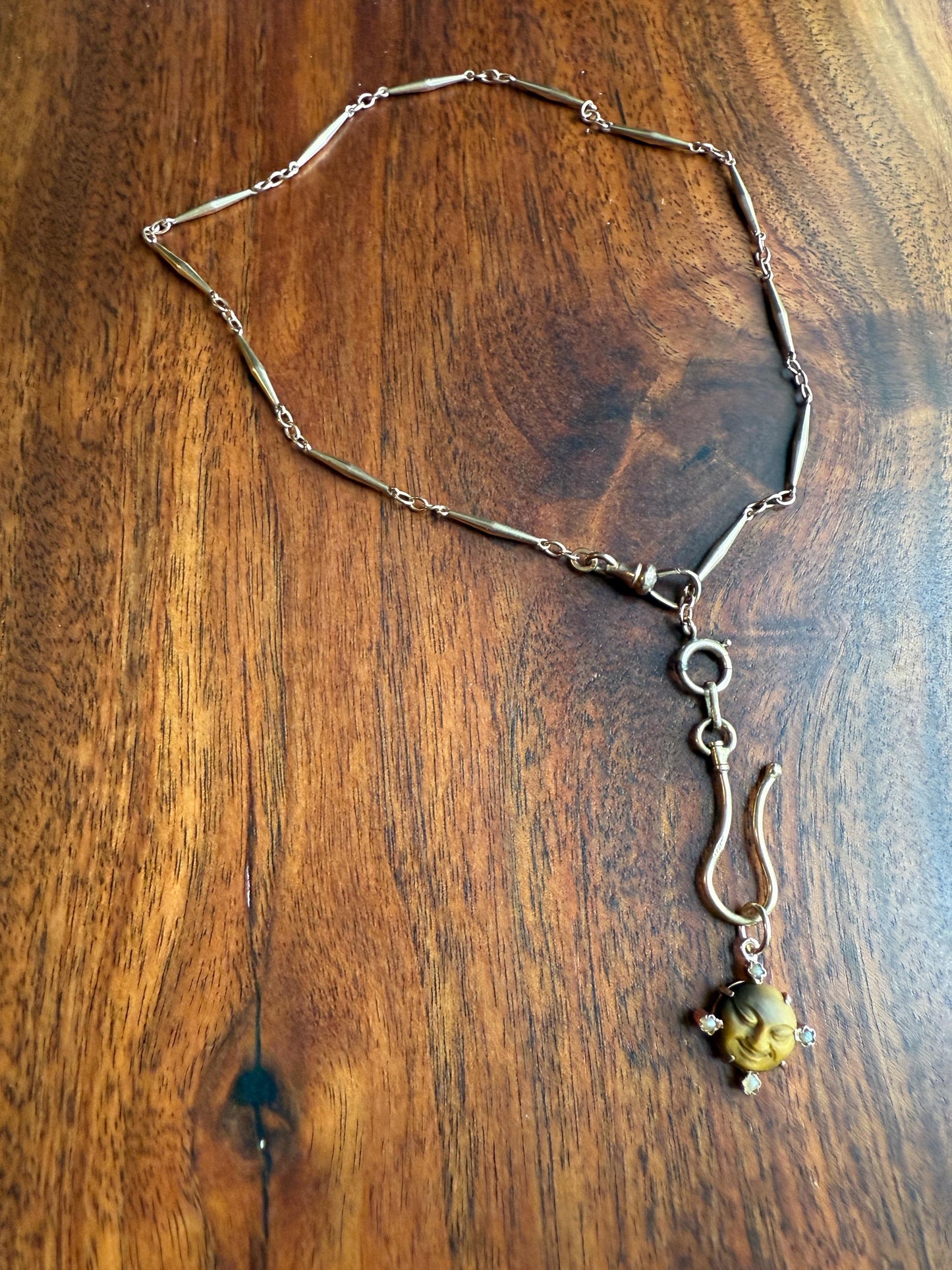 MOON Antique Carve Catseye Chyrsoberyl Pearl Smiling Man Face French Victorian 18k Gold Figural Pendant Belle Epoque Necklace Bracelet Charm