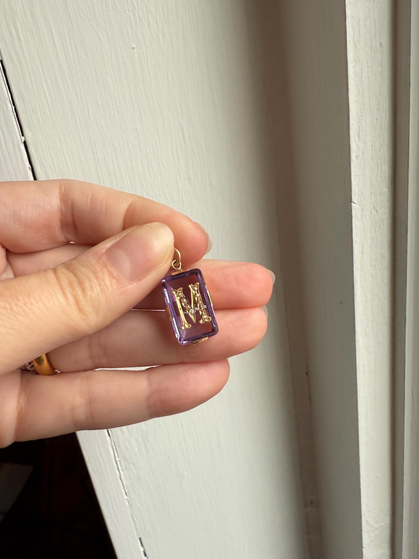LETTER M Amethyst French Antique Victorian 18k Gold Figural Pendant Rosy Belle Epoque Necklace Bracelet Charm Lilac Purple Pearl Inlay