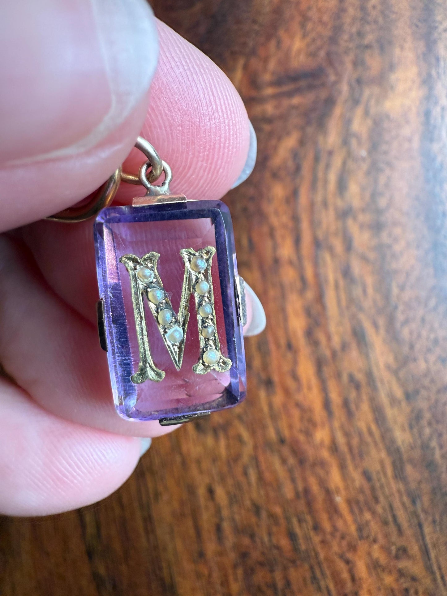 LETTER M Amethyst French Antique Victorian 18k Gold Figural Pendant Rosy Belle Epoque Necklace Bracelet Charm Lilac Purple Pearl Inlay
