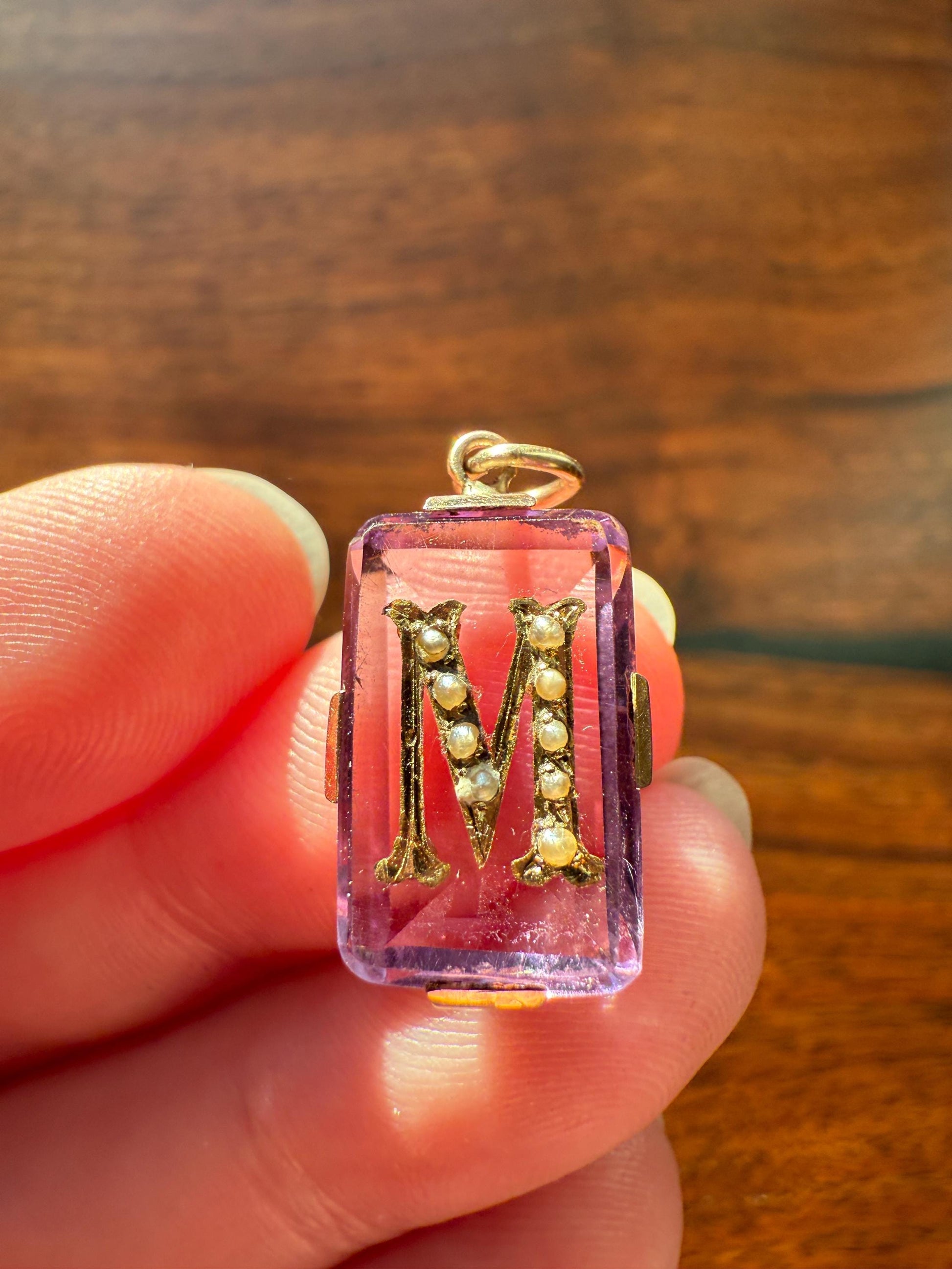 LETTER M Amethyst French Antique Victorian 18k Gold Figural Pendant Rosy Belle Epoque Necklace Bracelet Charm Lilac Purple Pearl Inlay
