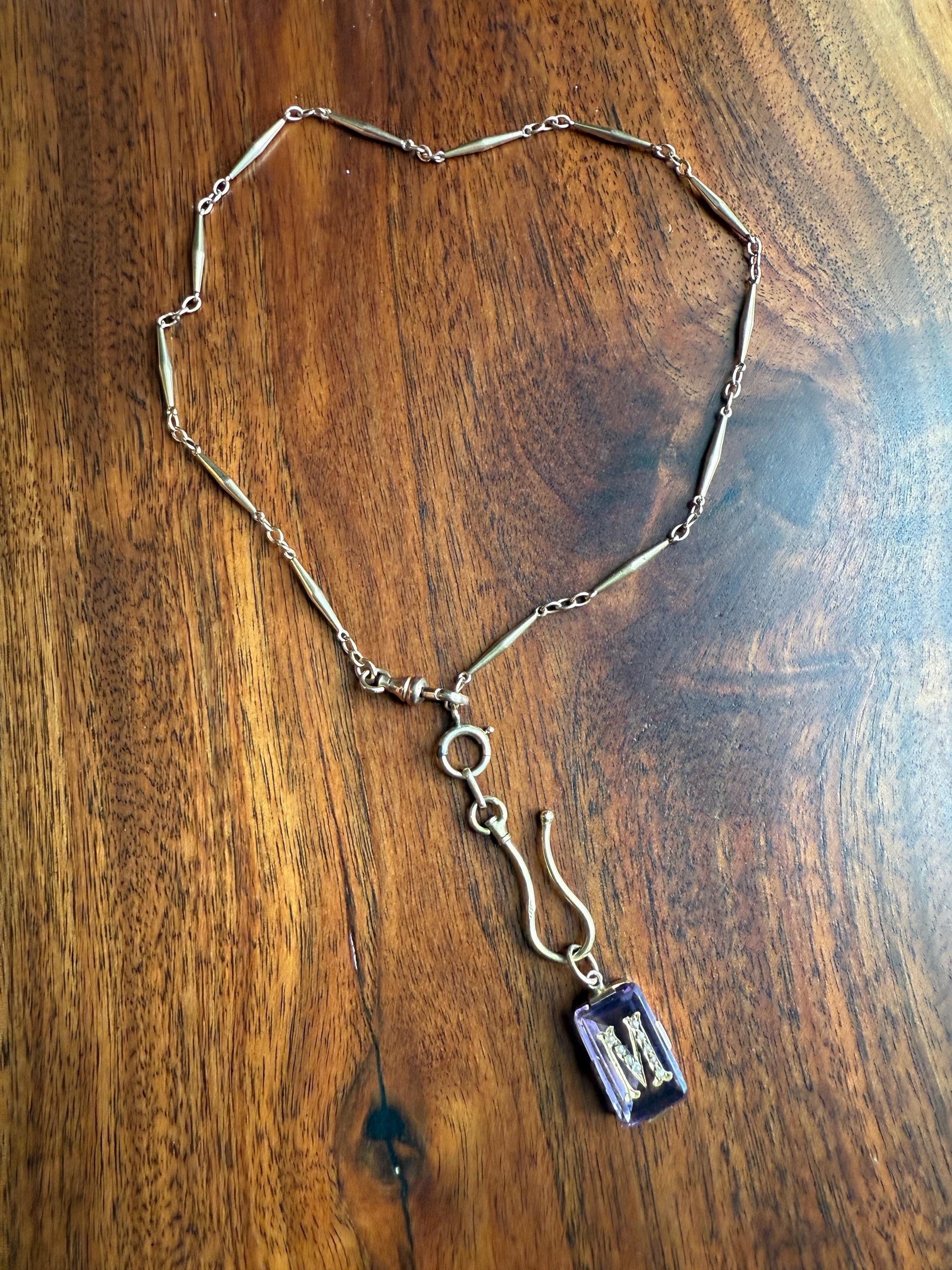 LETTER M Amethyst French Antique Victorian 18k Gold Figural Pendant Rosy Belle Epoque Necklace Bracelet Charm Lilac Purple Pearl Inlay