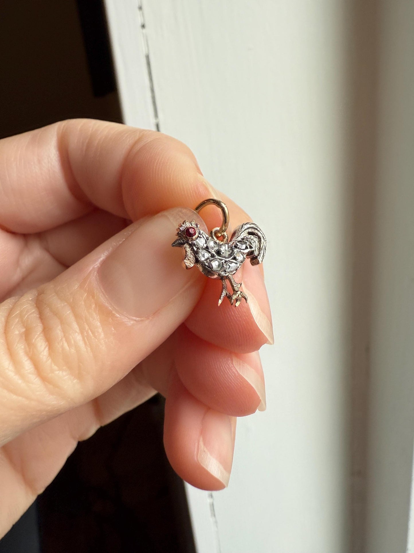 ROOSTER Rose Cut DIAMOND Ruby Eye Antique Victorian 14k Gold Silver Figural Pendant Necklace Bracelet Charm Animal Bird Jewelry Courage