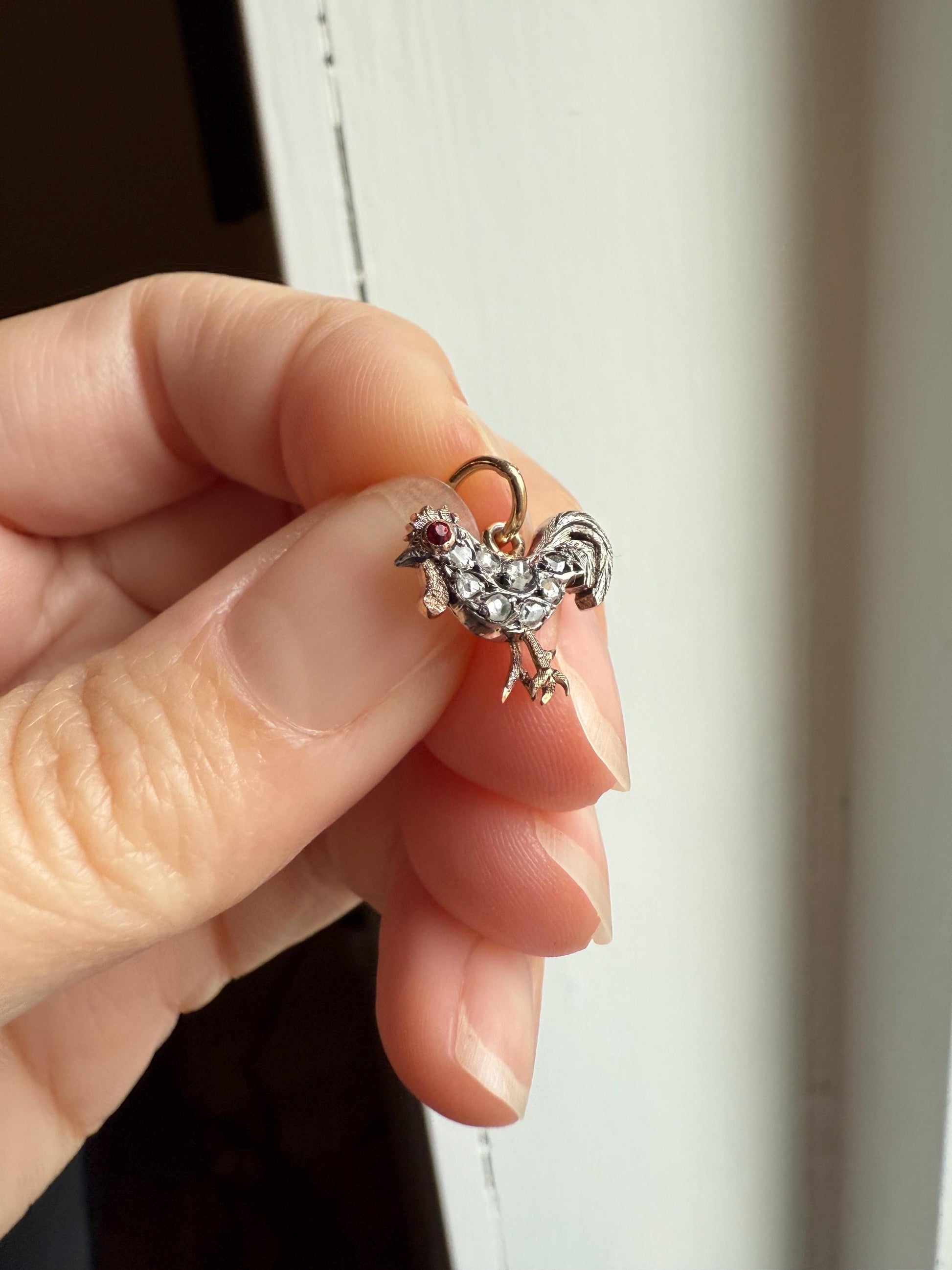 ROOSTER Rose Cut DIAMOND Ruby Eye Antique Victorian 14k Gold Silver Figural Pendant Necklace Bracelet Charm Animal Bird Jewelry Courage