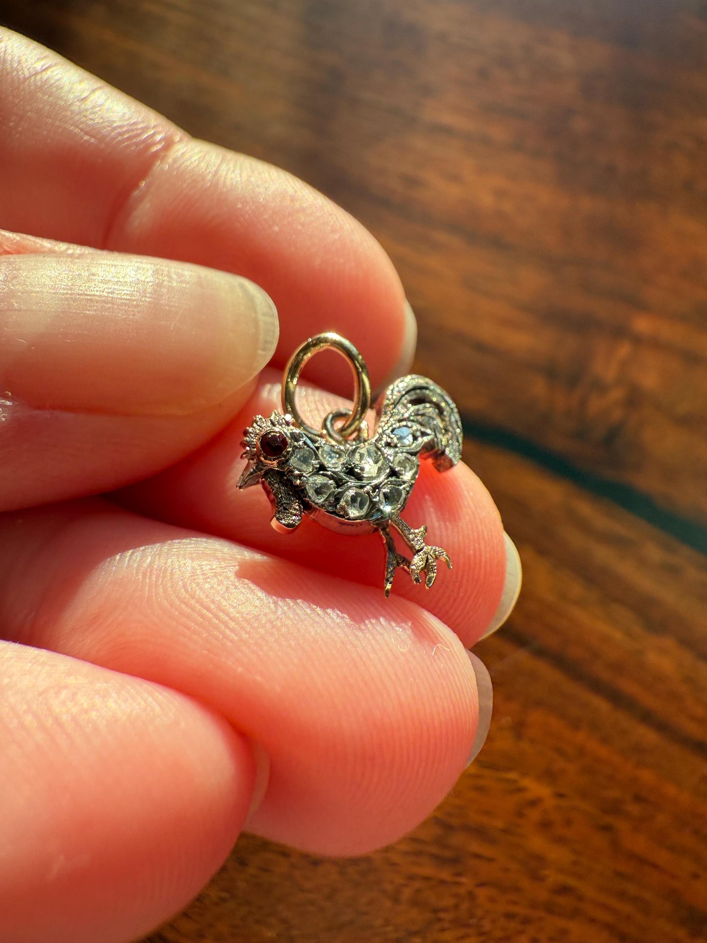ROOSTER Rose Cut DIAMOND Ruby Eye Antique Victorian 14k Gold Silver Figural Pendant Necklace Bracelet Charm Animal Bird Jewelry Courage