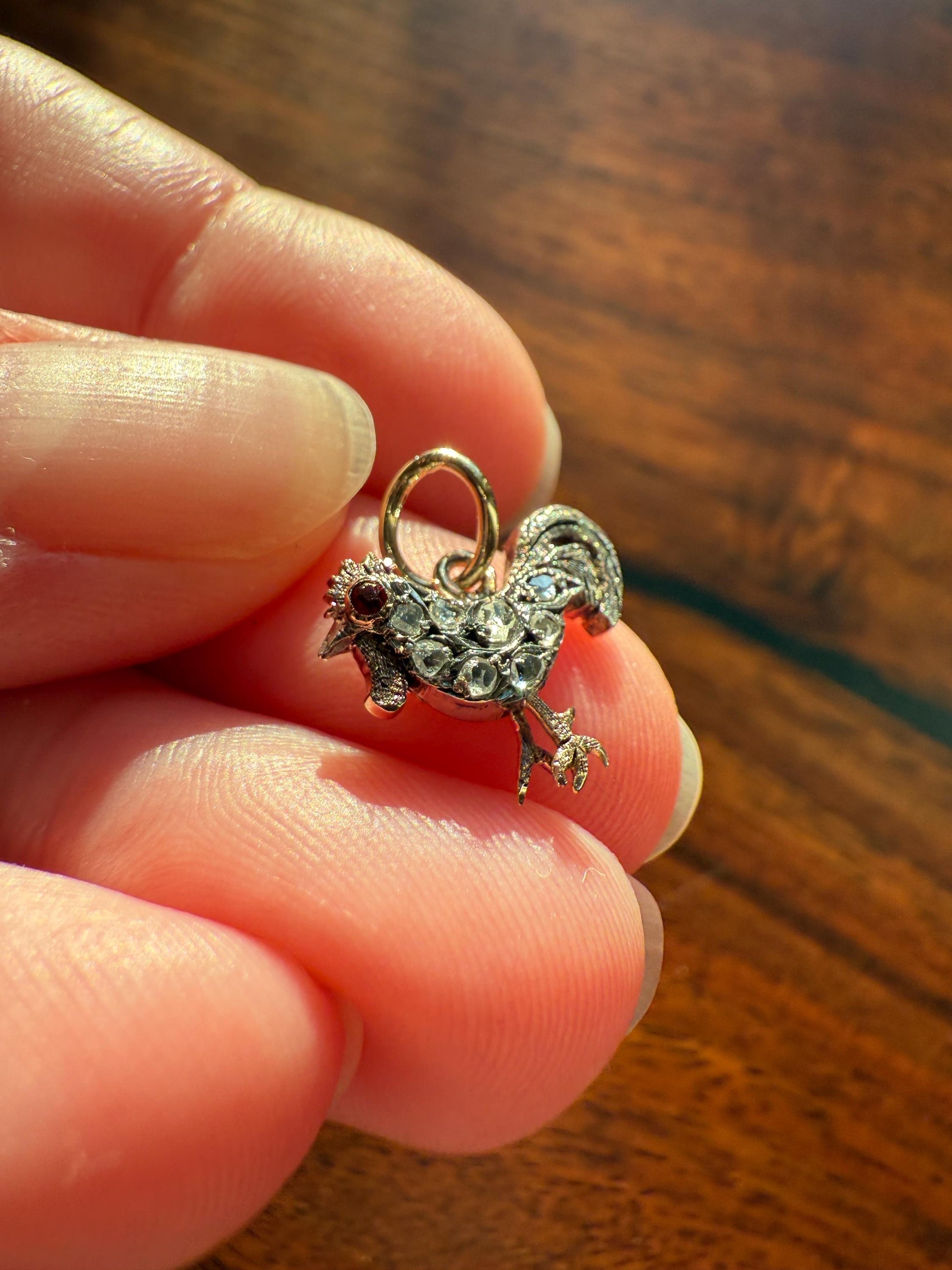 ROOSTER Rose Cut DIAMOND Ruby Eye Antique Victorian 14k Gold Silver Figural Pendant Necklace Bracelet Charm Animal Bird Jewelry Courage