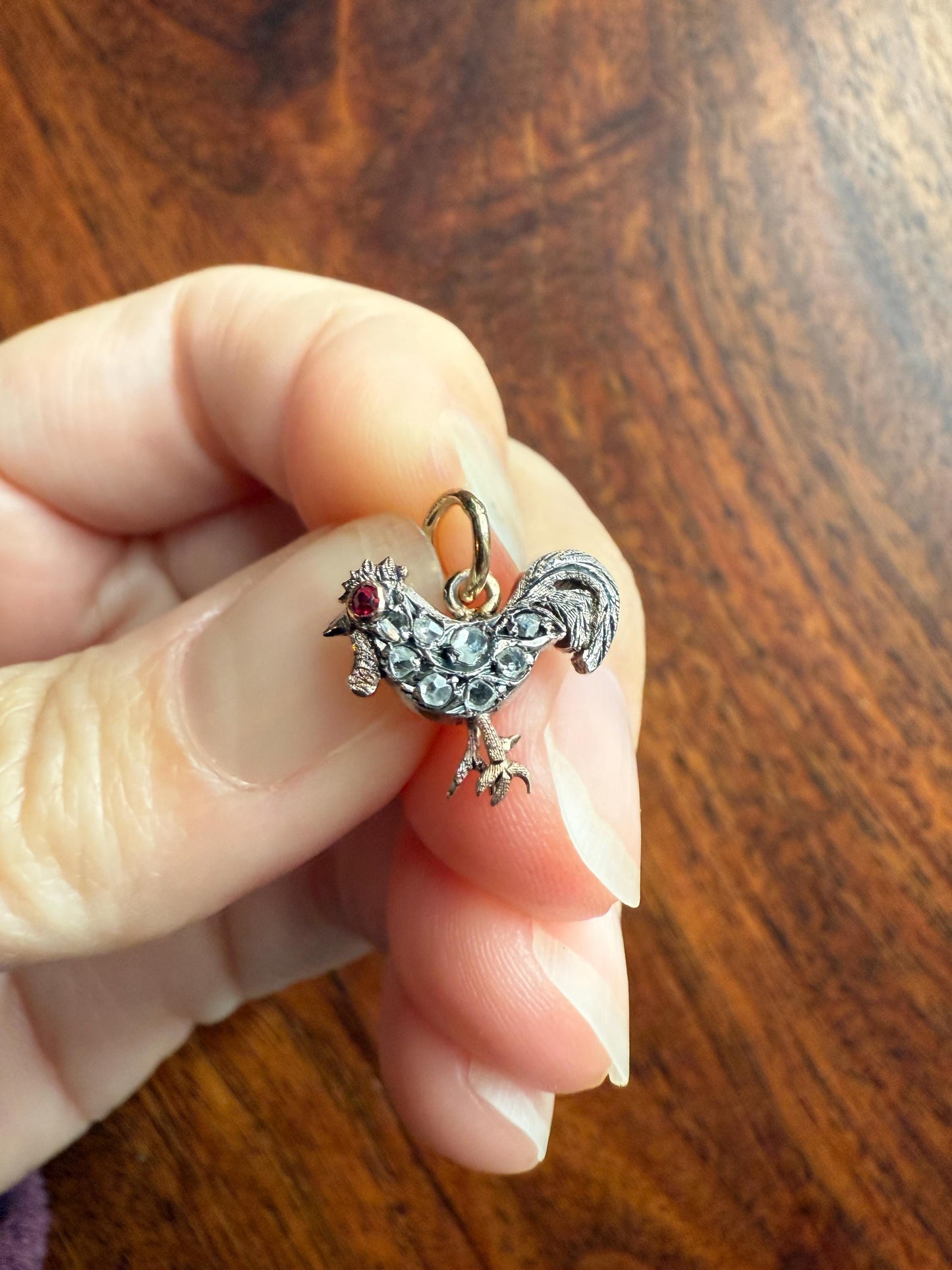 ROOSTER Rose Cut DIAMOND Ruby Eye Antique Victorian 14k Gold Silver Figural Pendant Necklace Bracelet Charm Animal Bird Jewelry Courage