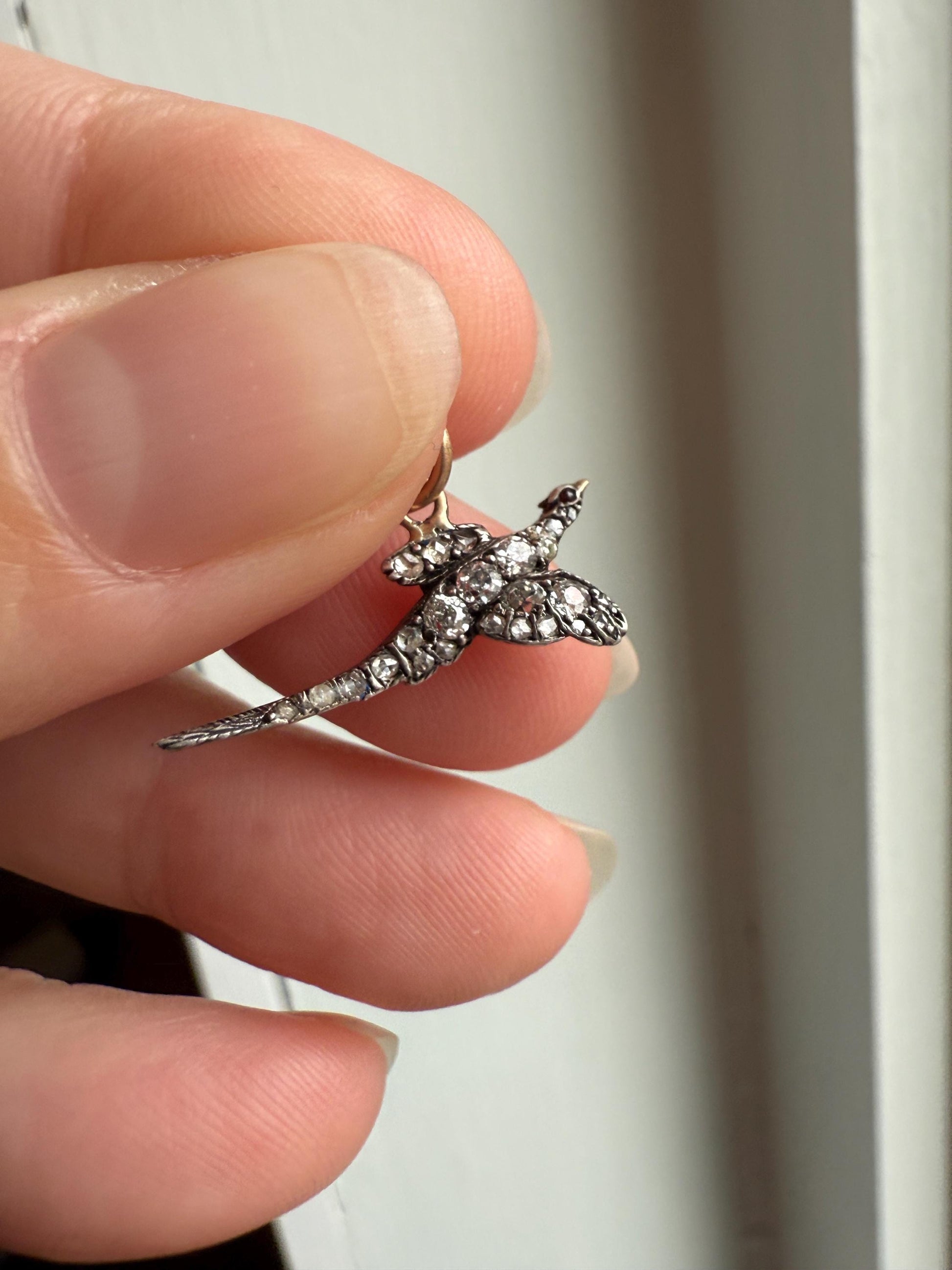 PHEASANT in Flight Antique Victorian 14k Gold Figural Pendant Old Mine Rose Cut Diamond Ruby Eye Necklace Bracelet Charm Animal Game Jewelry