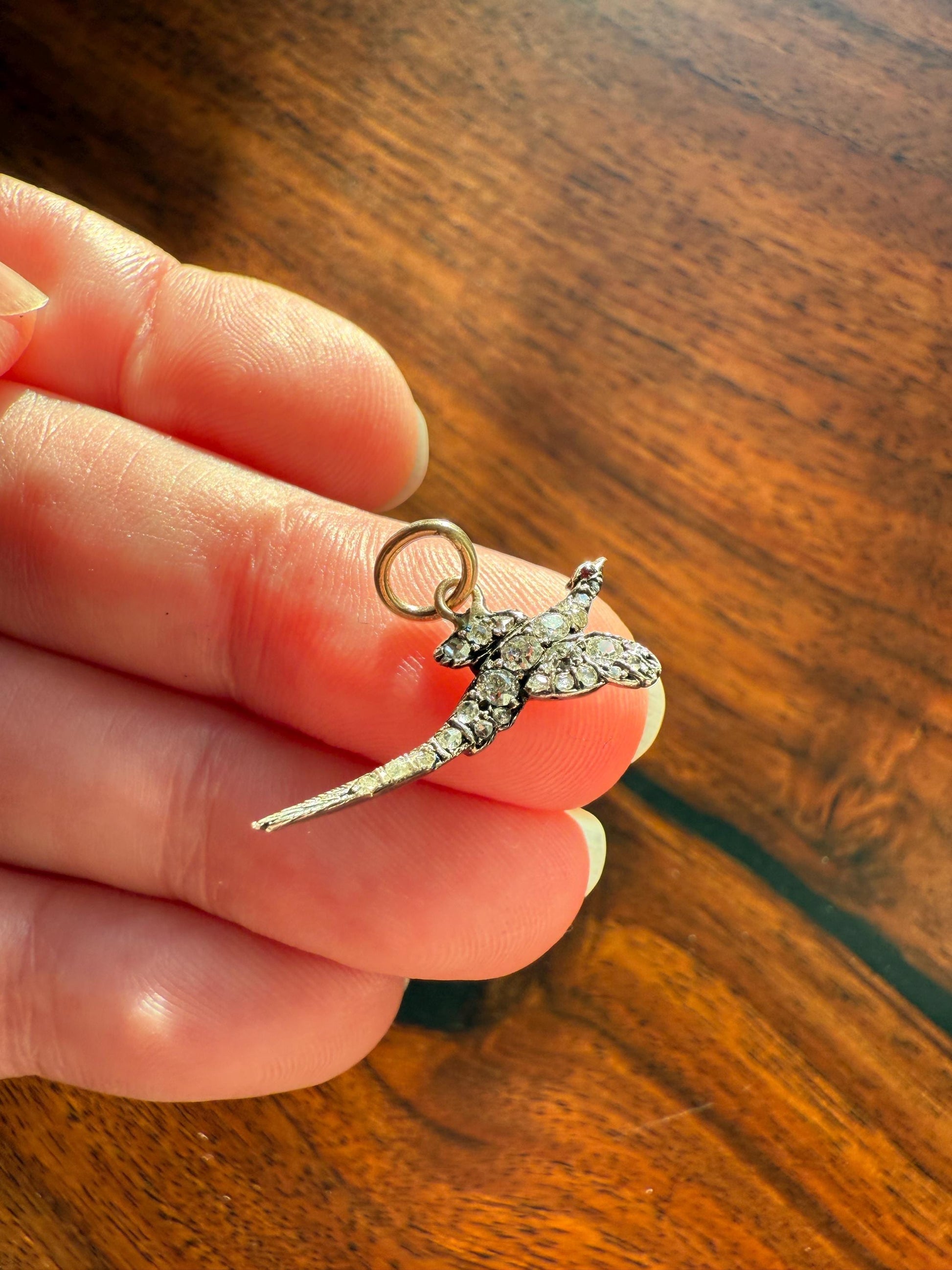 PHEASANT in Flight Antique Victorian 14k Gold Figural Pendant Old Mine Rose Cut Diamond Ruby Eye Necklace Bracelet Charm Animal Game Jewelry