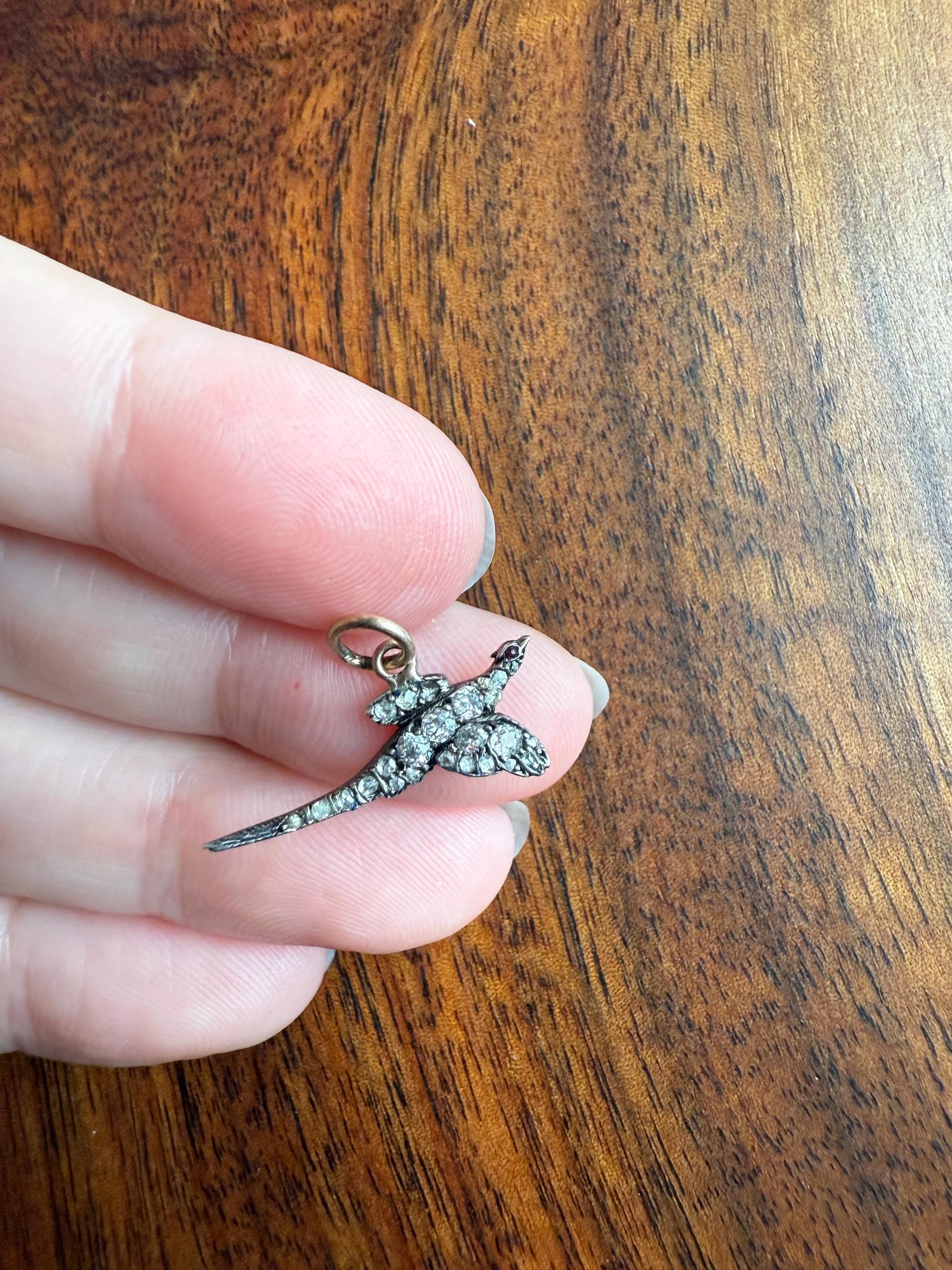 PHEASANT in Flight Antique Victorian 14k Gold Figural Pendant Old Mine Rose Cut Diamond Ruby Eye Necklace Bracelet Charm Animal Game Jewelry