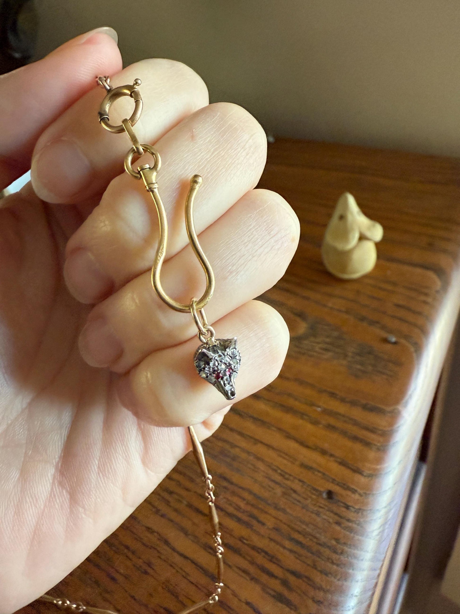 FOX Mini Wolf Antique Victorian 14k Gold Silver Figural Pendant Rose Cut Diamond Ruby Eye Necklace Bracelet Charm Animal