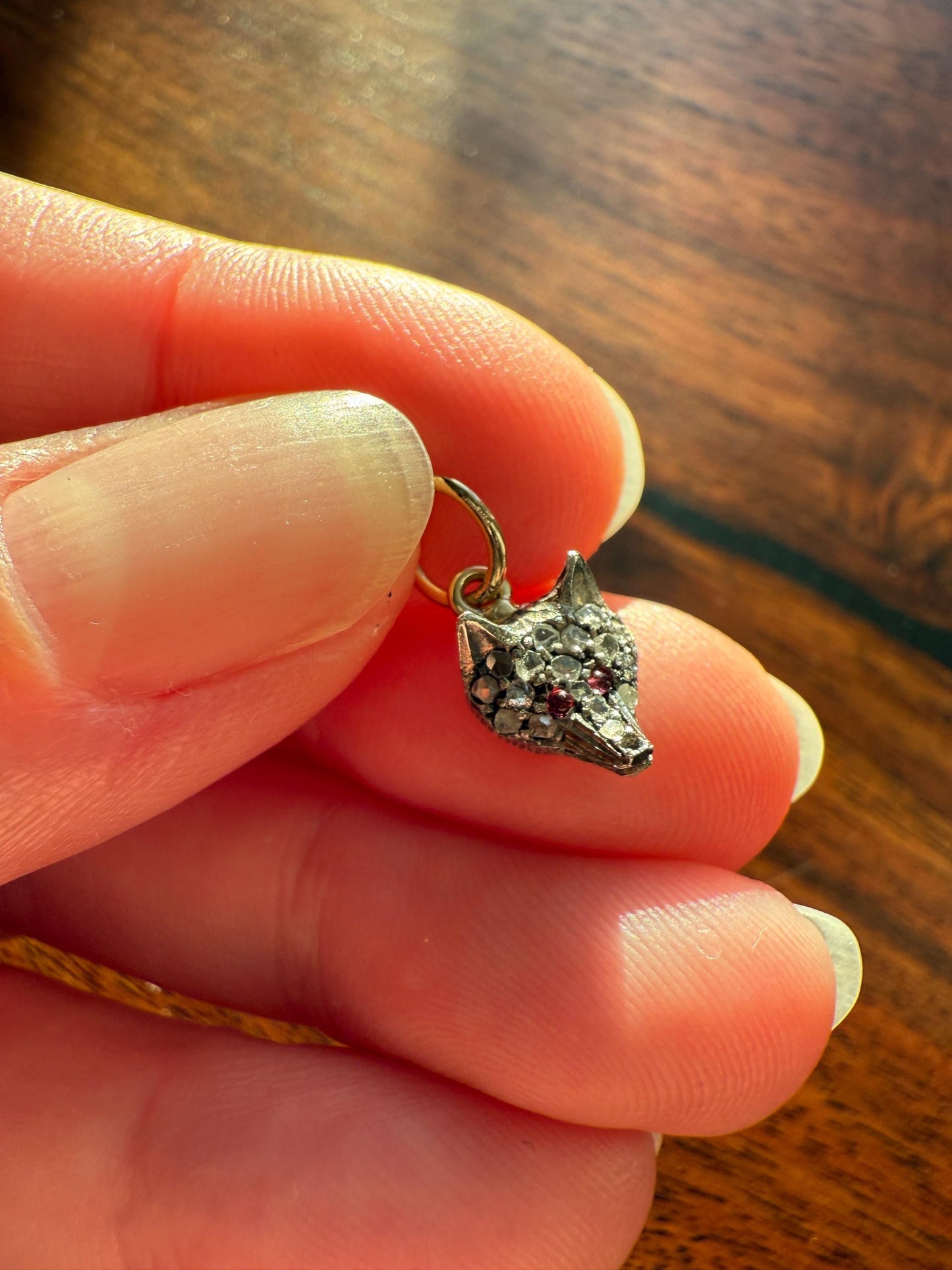 FOX Mini Wolf Antique Victorian 14k Gold Silver Figural Pendant Rose Cut Diamond Ruby Eye Necklace Bracelet Charm Animal