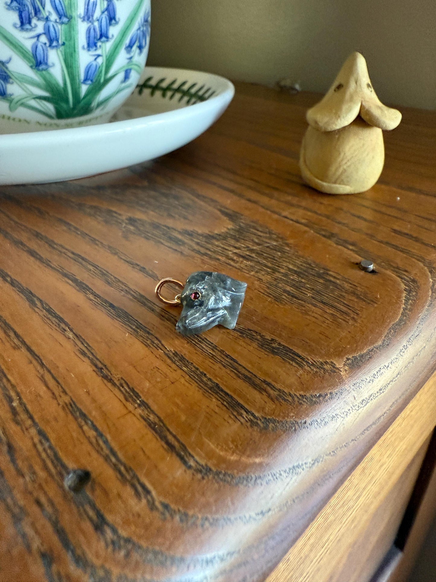 LABRADORITE Blue Labrador ; ) DOG Head Carved Antique Victorian French 18k Gold Figural Hunting Loyalty Hound Pendant Bracelet Charm Animal