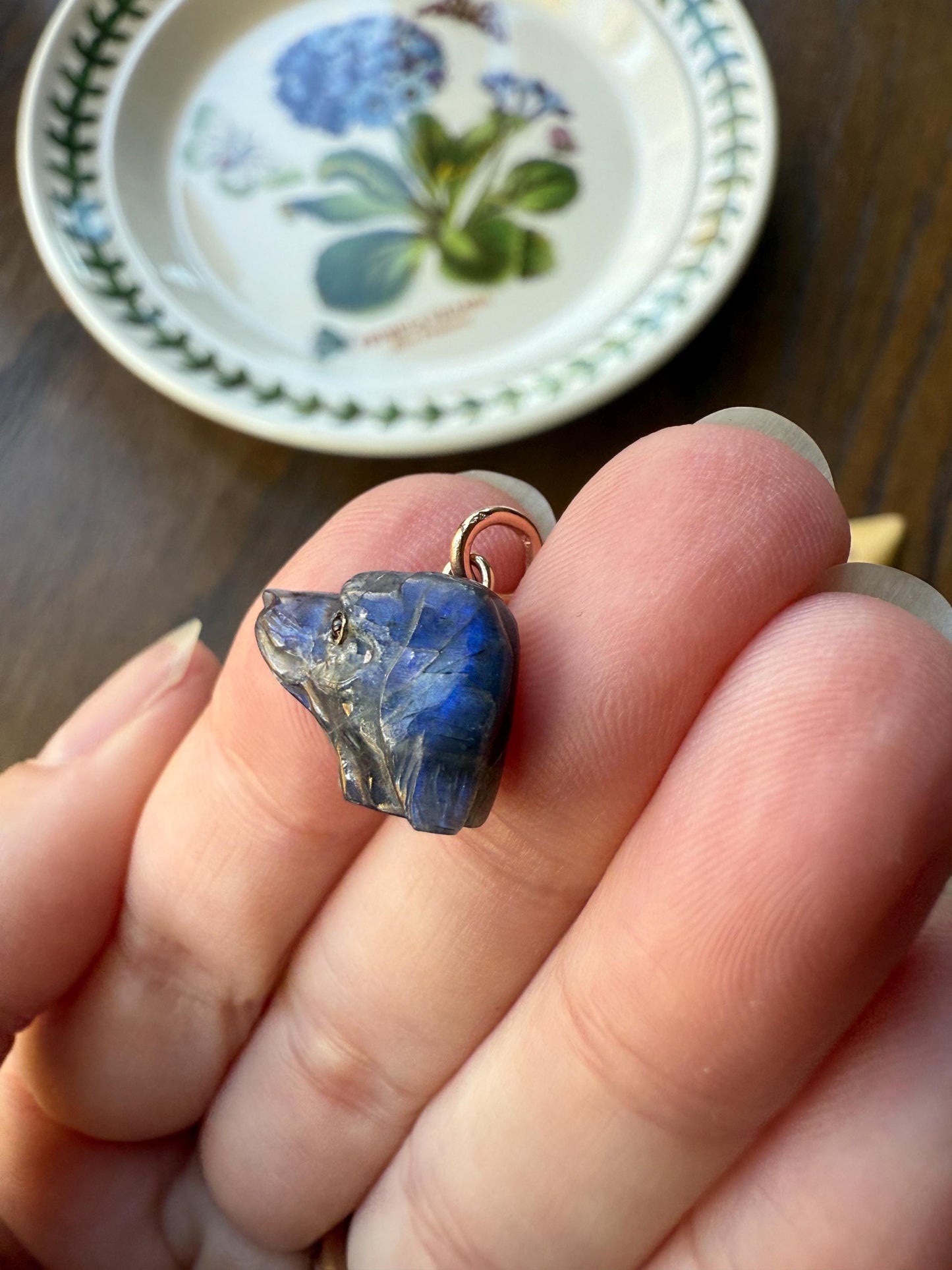 LABRADORITE Blue Labrador ; ) DOG Head Carved Antique Victorian French 18k Gold Figural Hunting Loyalty Hound Pendant Bracelet Charm Animal