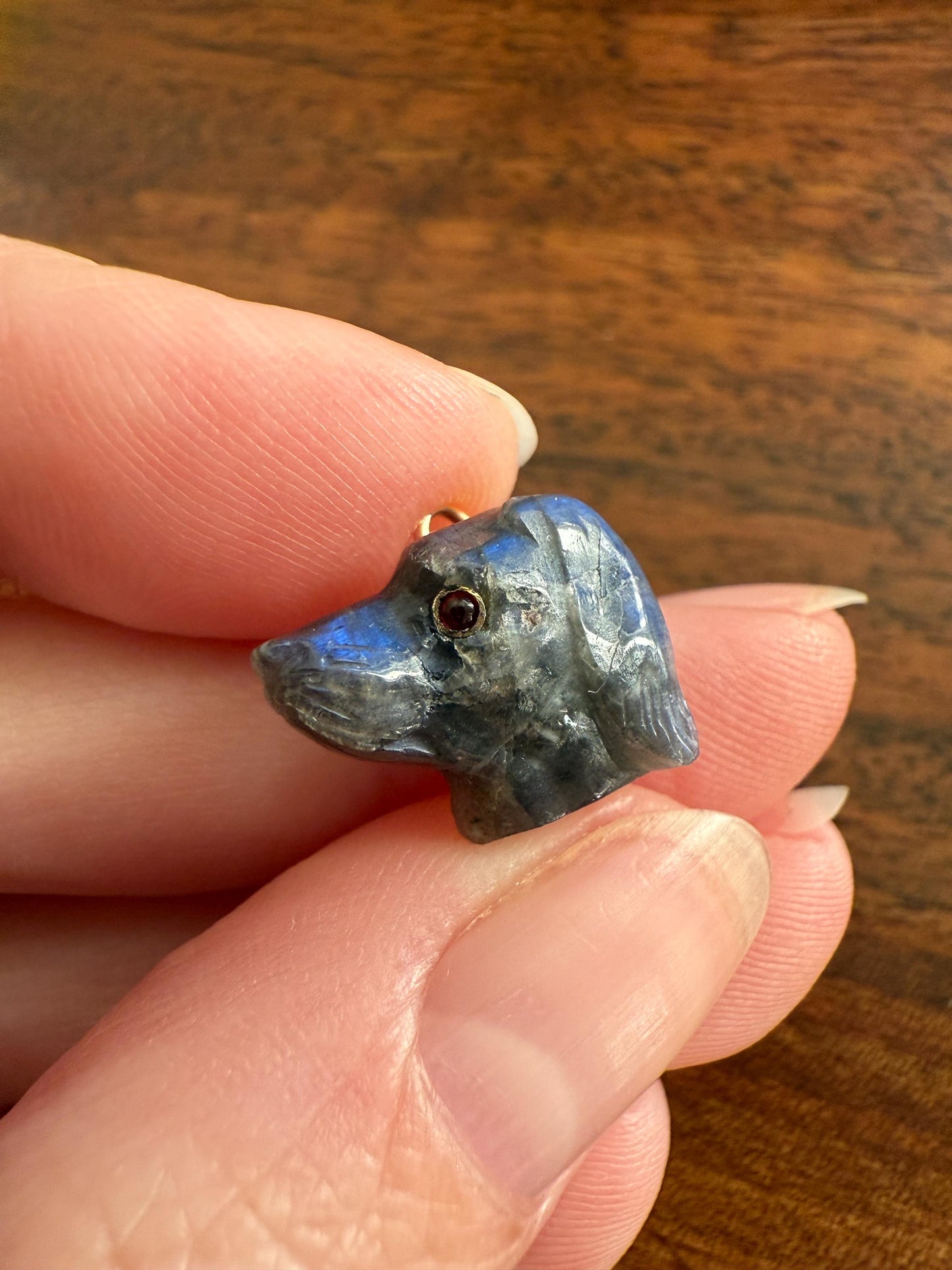LABRADORITE Blue Labrador ; ) DOG Head Carved Antique Victorian French 18k Gold Figural Hunting Loyalty Hound Pendant Bracelet Charm Animal