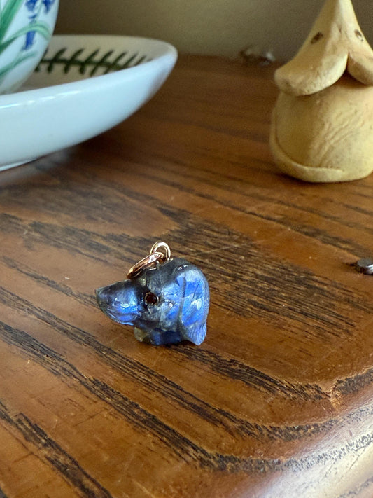 LABRADORITE Blue Labrador ; ) DOG Head Carved Antique Victorian French 18k Gold Figural Hunting Loyalty Hound Pendant Bracelet Charm Animal