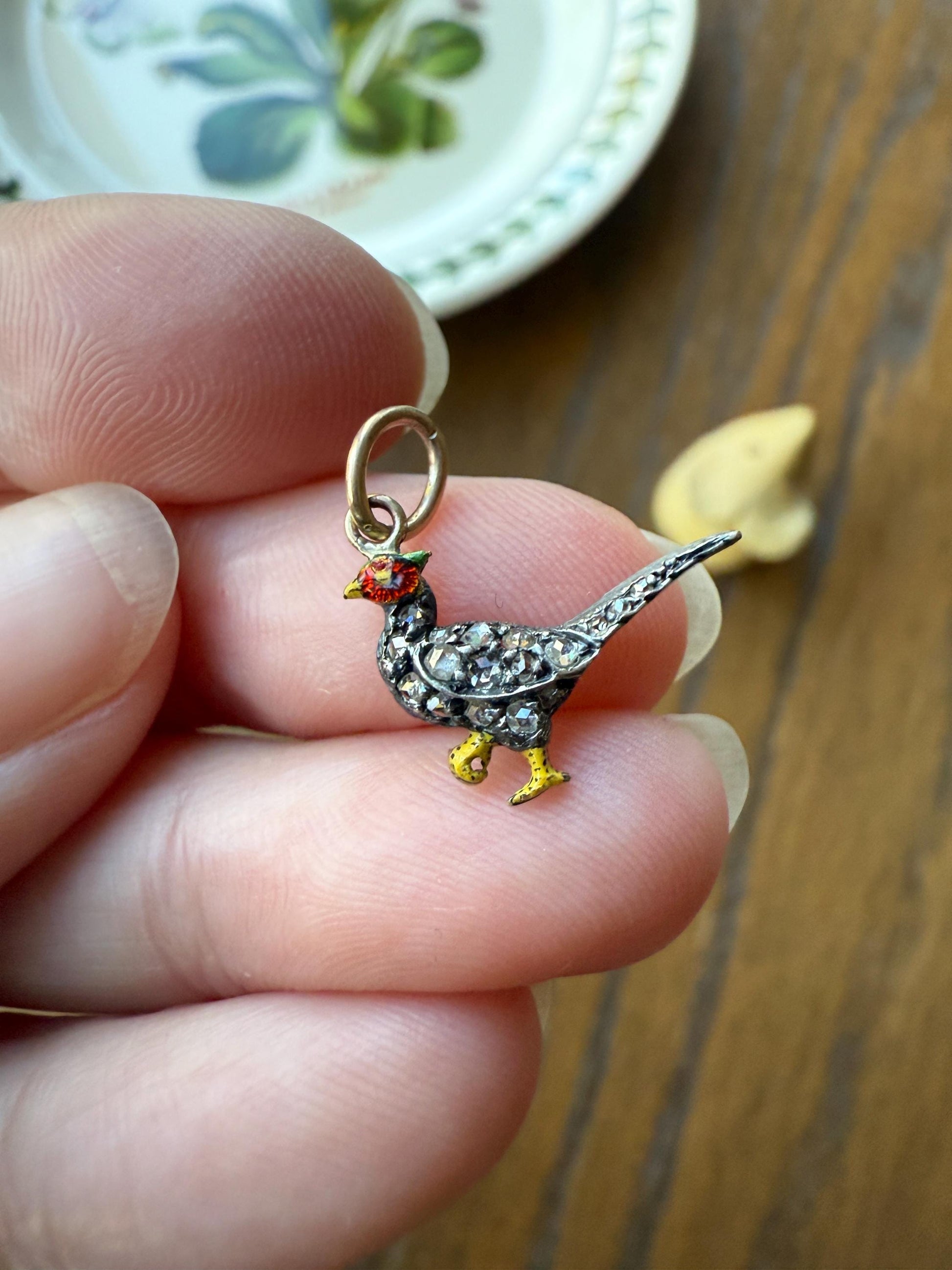 PHEASANT named Steve Standing Antique Victorian 14k Gold Figural Pendant Red Yellow Enamel Rose Cut Diamond Necklace Bracelet Charm Animal