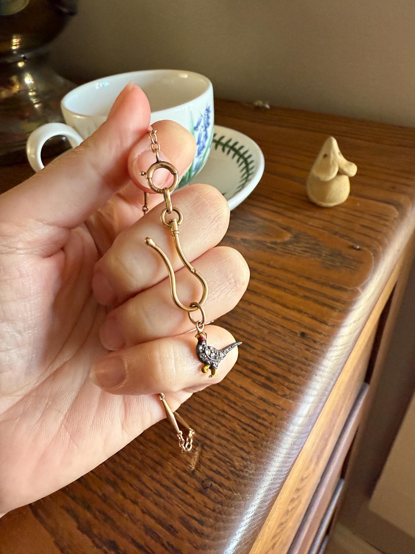 PHEASANT named Steve Standing Antique Victorian 14k Gold Figural Pendant Red Yellow Enamel Rose Cut Diamond Necklace Bracelet Charm Animal