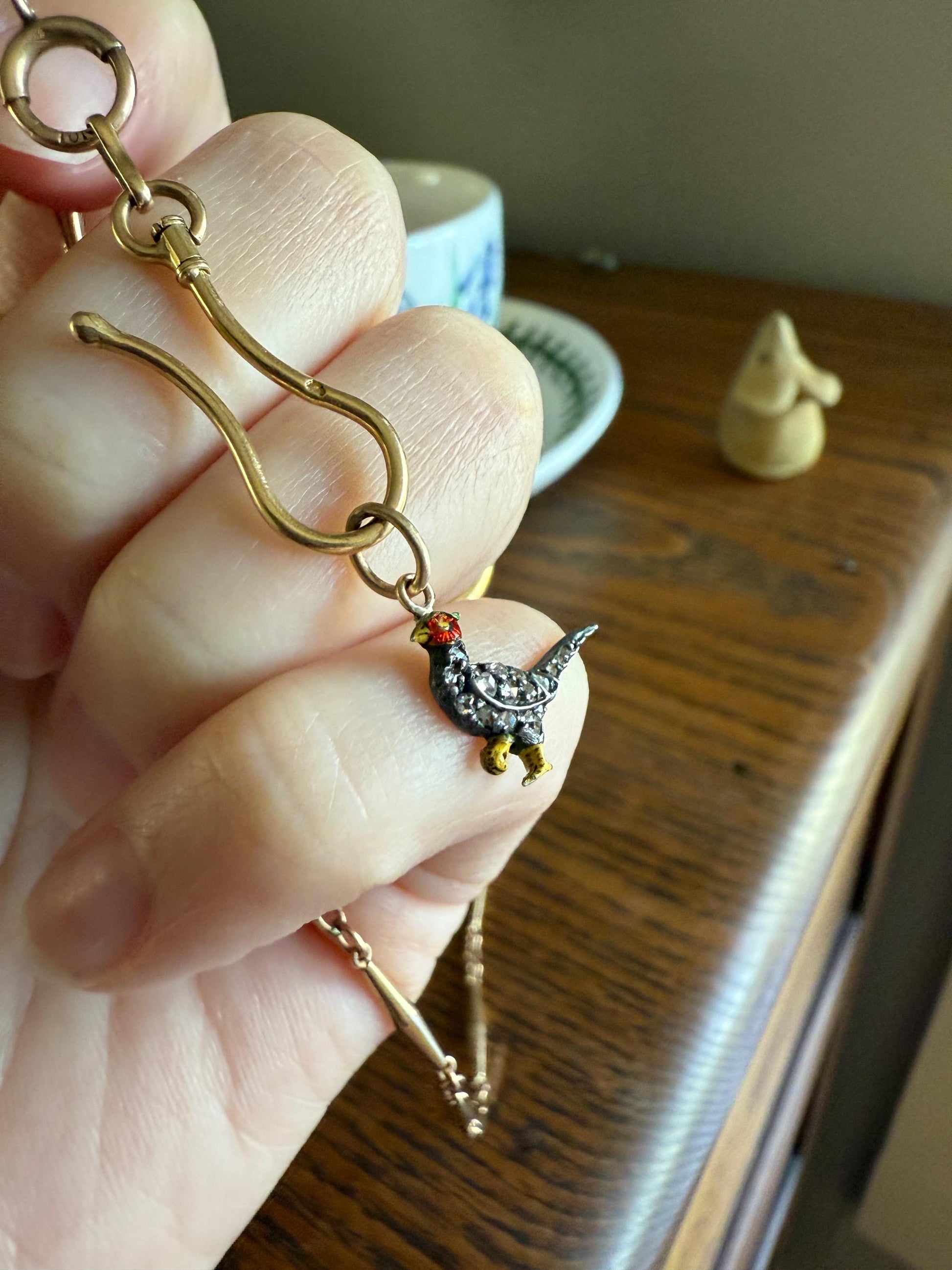 PHEASANT named Steve Standing Antique Victorian 14k Gold Figural Pendant Red Yellow Enamel Rose Cut Diamond Necklace Bracelet Charm Animal