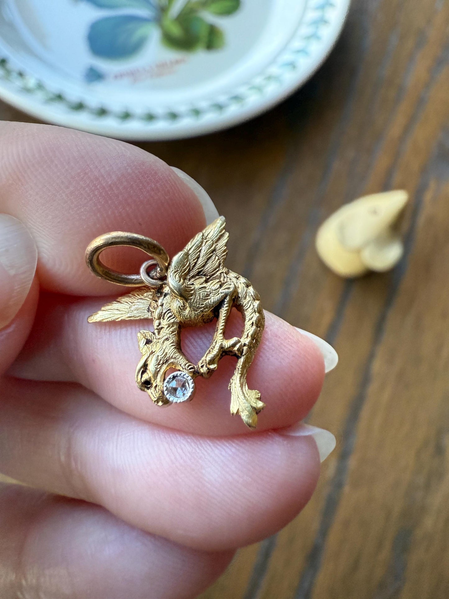 DRAGON 3D French Antique Victorian 18k Gold Rose Cut DIAMOND Figural Flying Pendant Belle Epoque Necklace Bracelet Charm Chimera