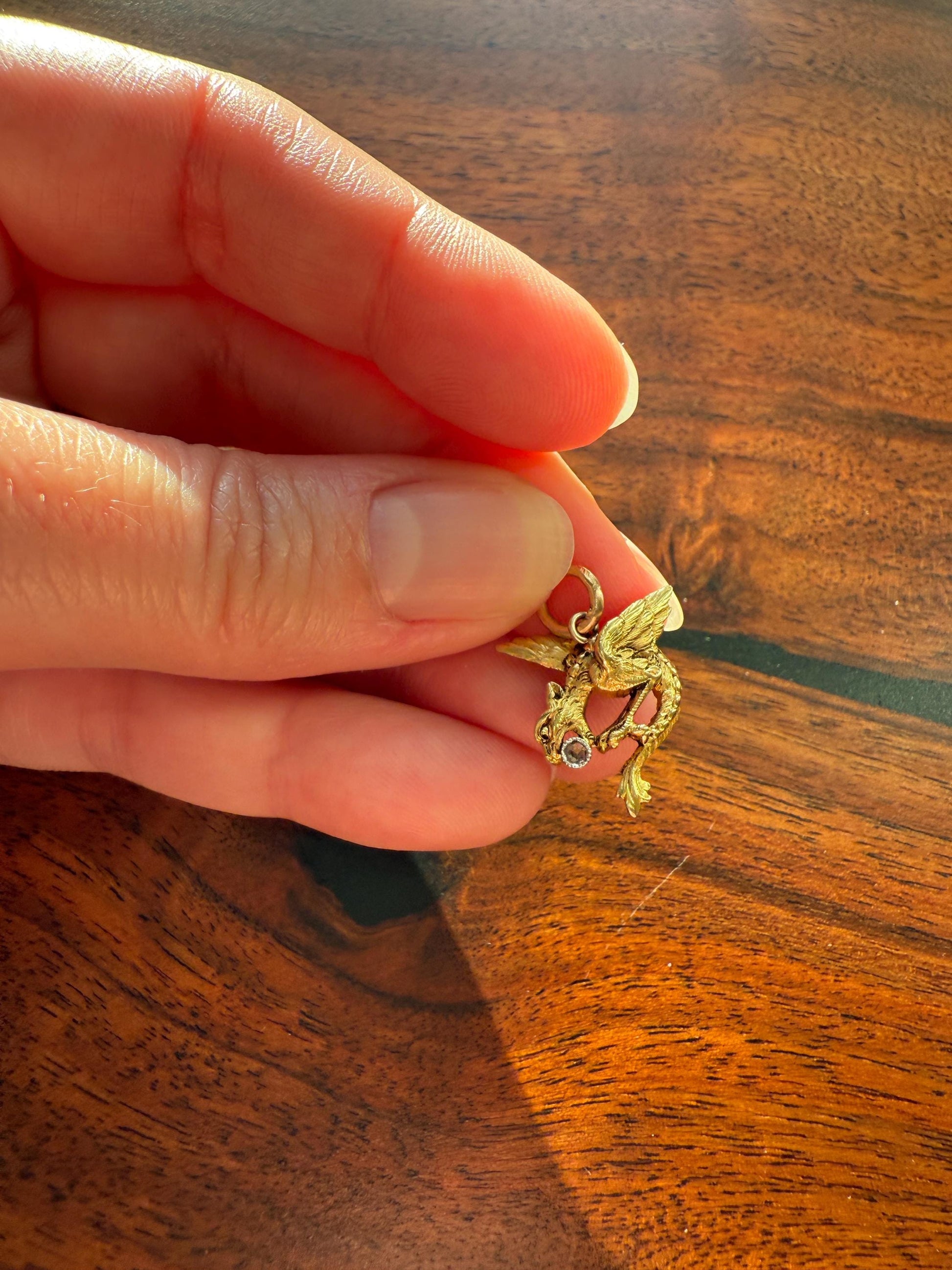 DRAGON 3D French Antique Victorian 18k Gold Rose Cut DIAMOND Figural Flying Pendant Belle Epoque Necklace Bracelet Charm Chimera