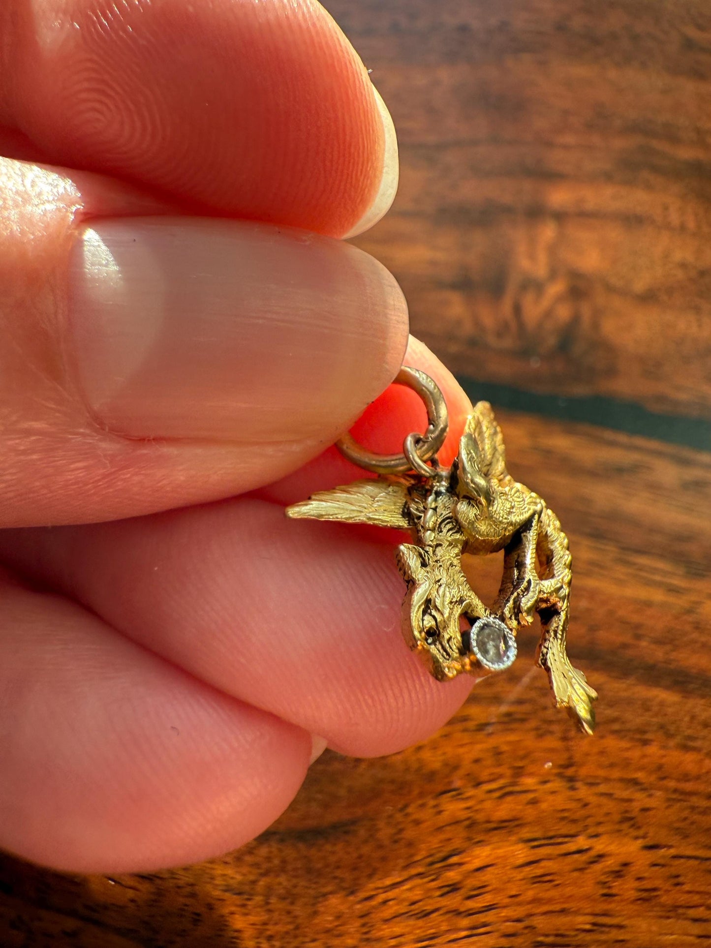 DRAGON 3D French Antique Victorian 18k Gold Rose Cut DIAMOND Figural Flying Pendant Belle Epoque Necklace Bracelet Charm Chimera