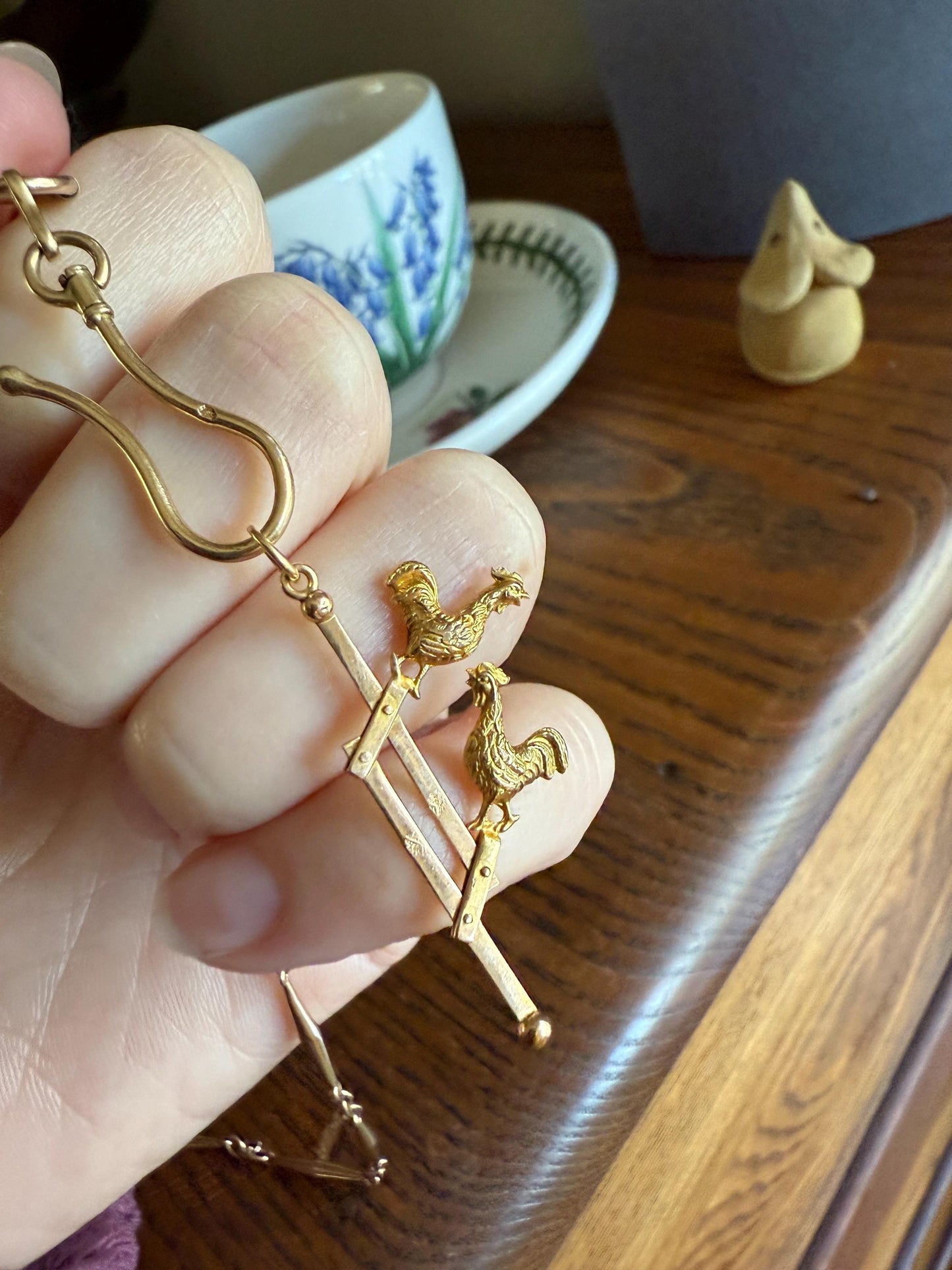 Dancing ROOSTERS On Picket Fence French Antique 18k Gold Solid Moveable Reversible Charm Pendant Victorian Belle Epoque Art Nouveau Country
