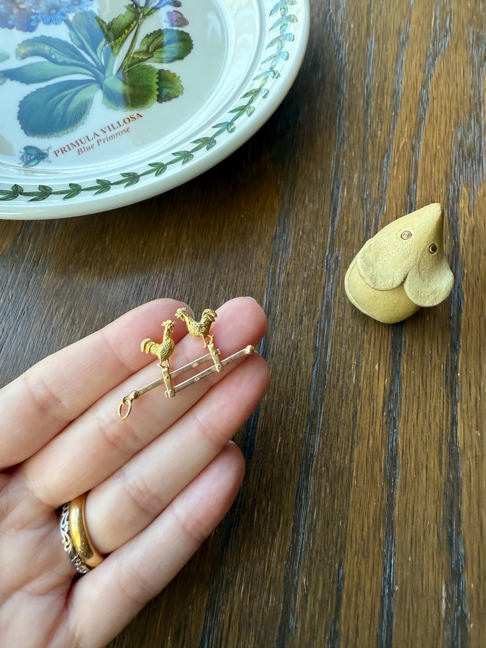 Dancing ROOSTERS On Picket Fence French Antique 18k Gold Solid Moveable Reversible Charm Pendant Victorian Belle Epoque Art Nouveau Country