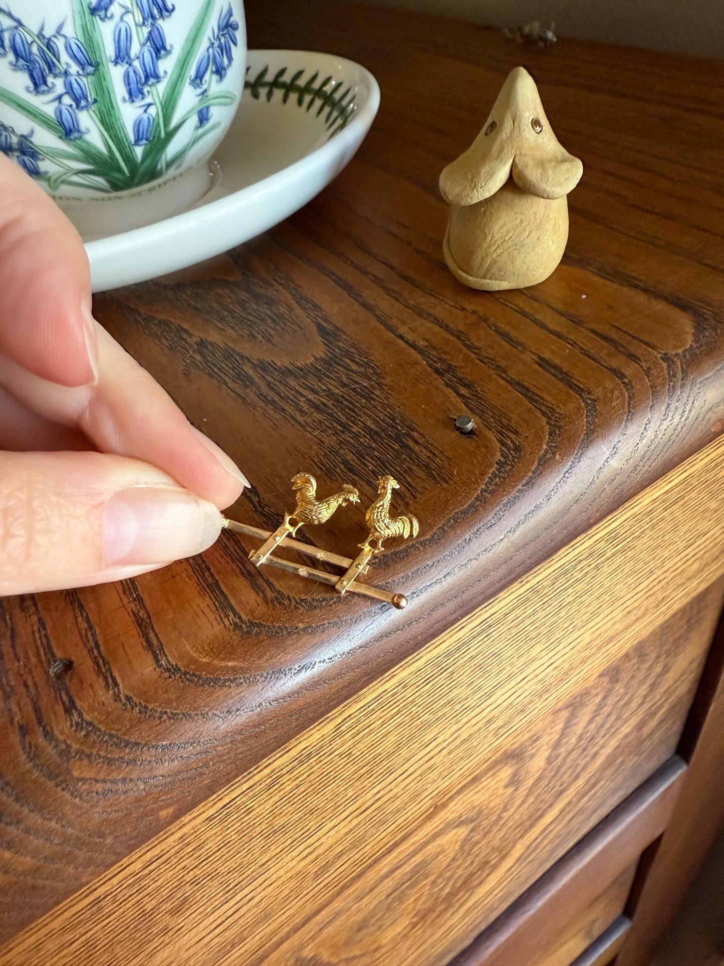 Dancing ROOSTERS On Picket Fence French Antique 18k Gold Solid Moveable Reversible Charm Pendant Victorian Belle Epoque Art Nouveau Country