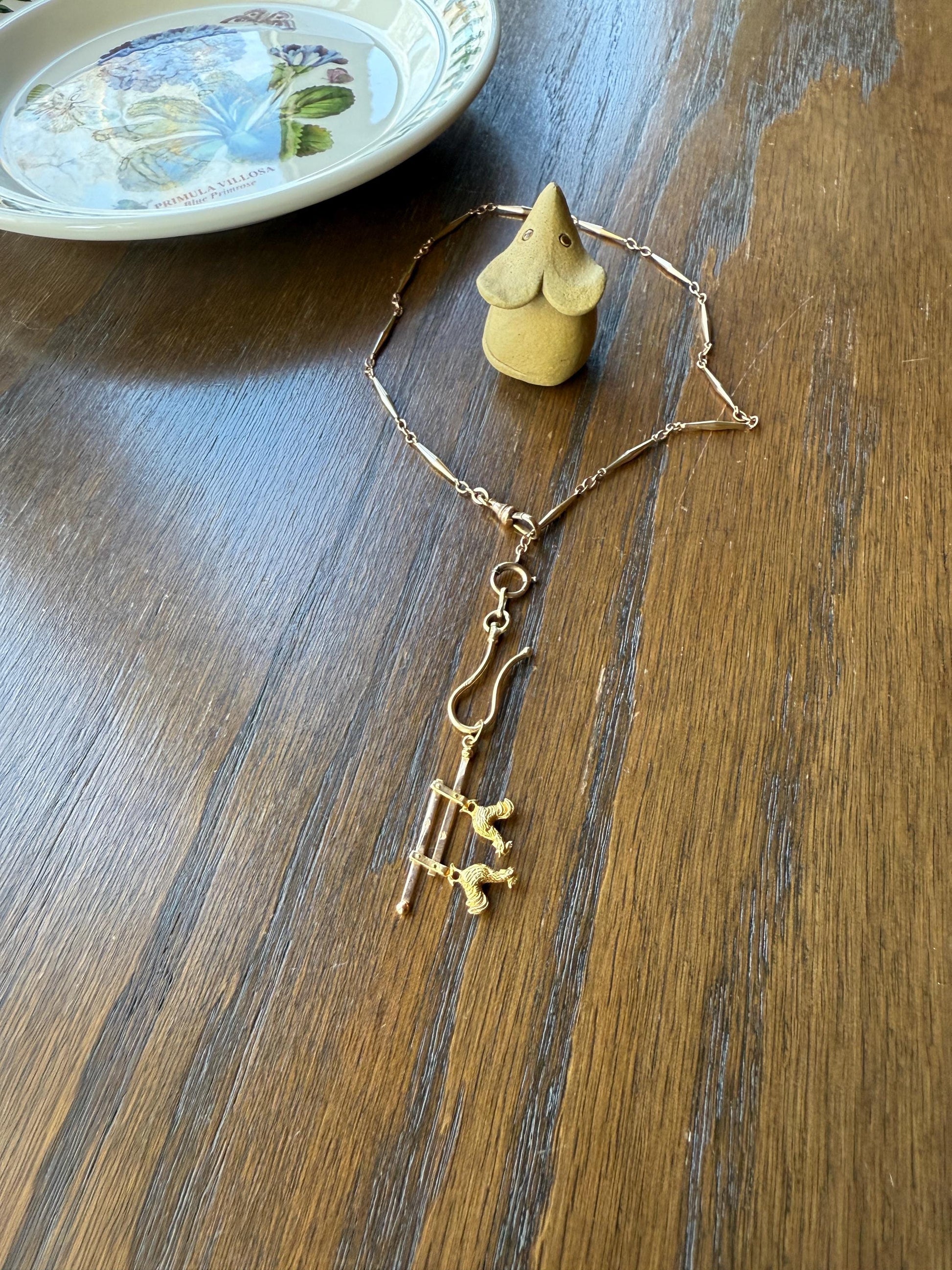 Dancing ROOSTERS On Picket Fence French Antique 18k Gold Solid Moveable Reversible Charm Pendant Victorian Belle Epoque Art Nouveau Country