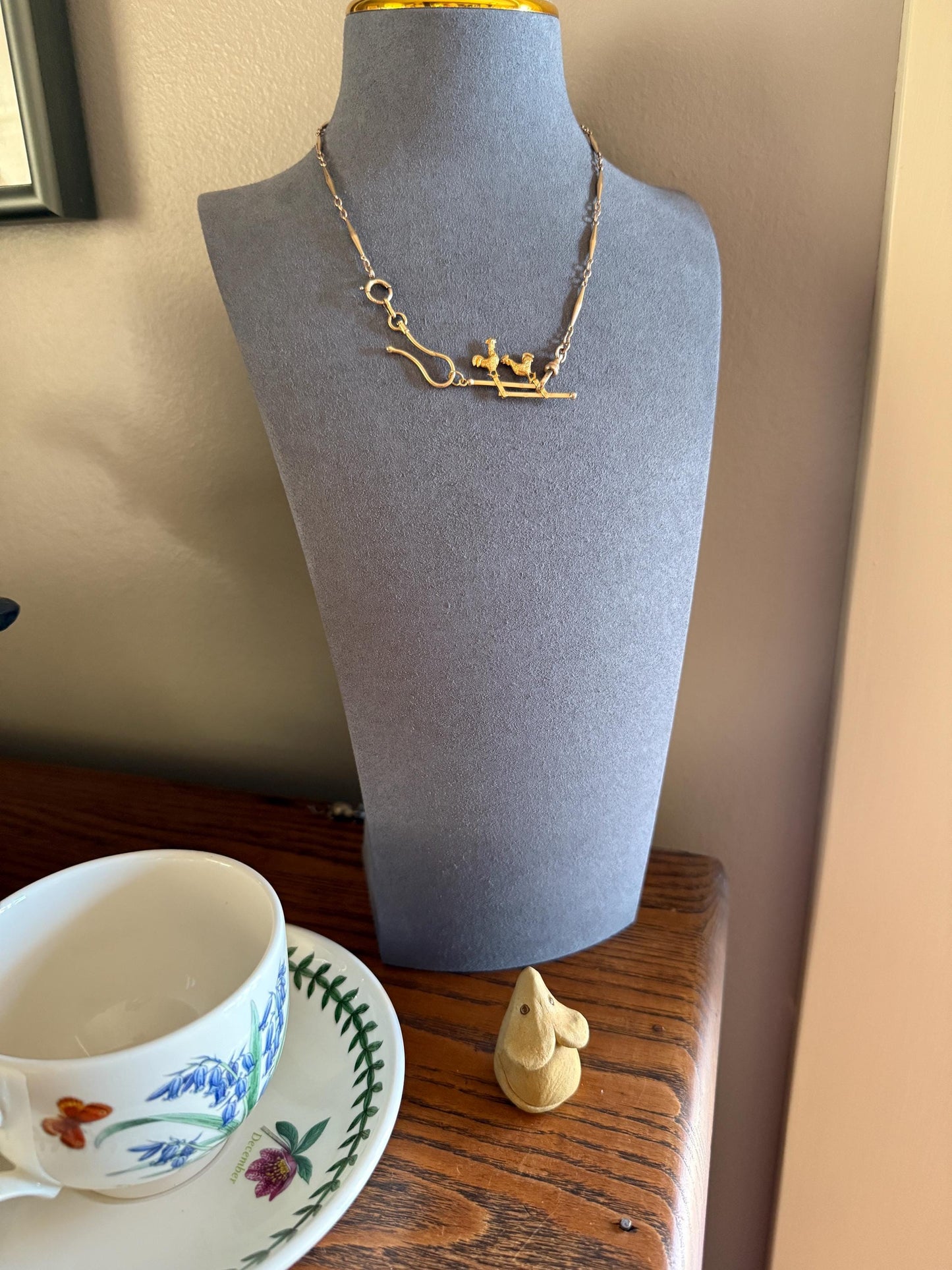 Dancing ROOSTERS On Picket Fence French Antique 18k Gold Solid Moveable Reversible Charm Pendant Victorian Belle Epoque Art Nouveau Country