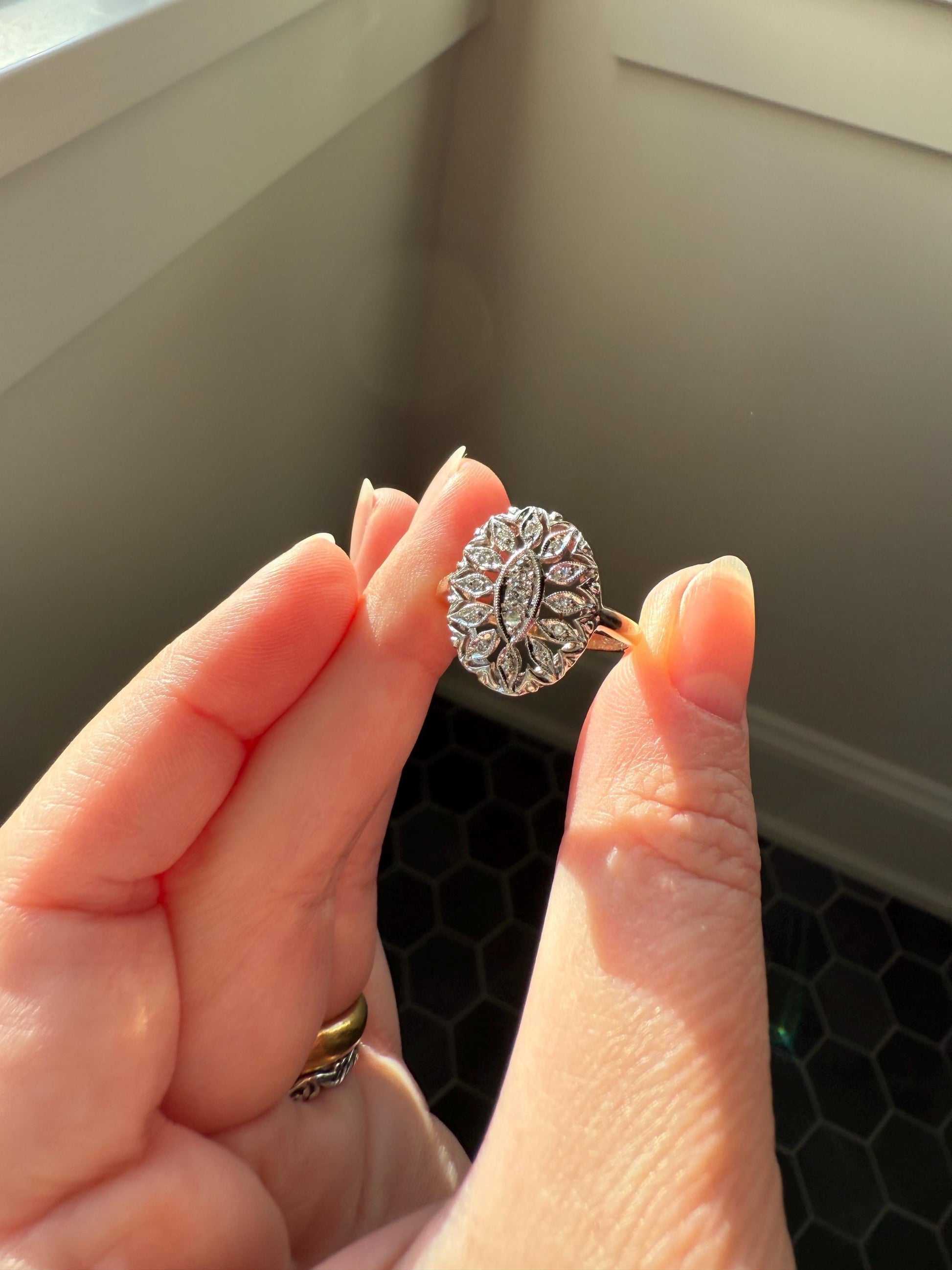 Scalloped Oval Antique Old Single Cut Diamond Open Work Shield Panel Ring 14k Two Tone Gold Cocktail Stacker Marquise Illusion Starburst