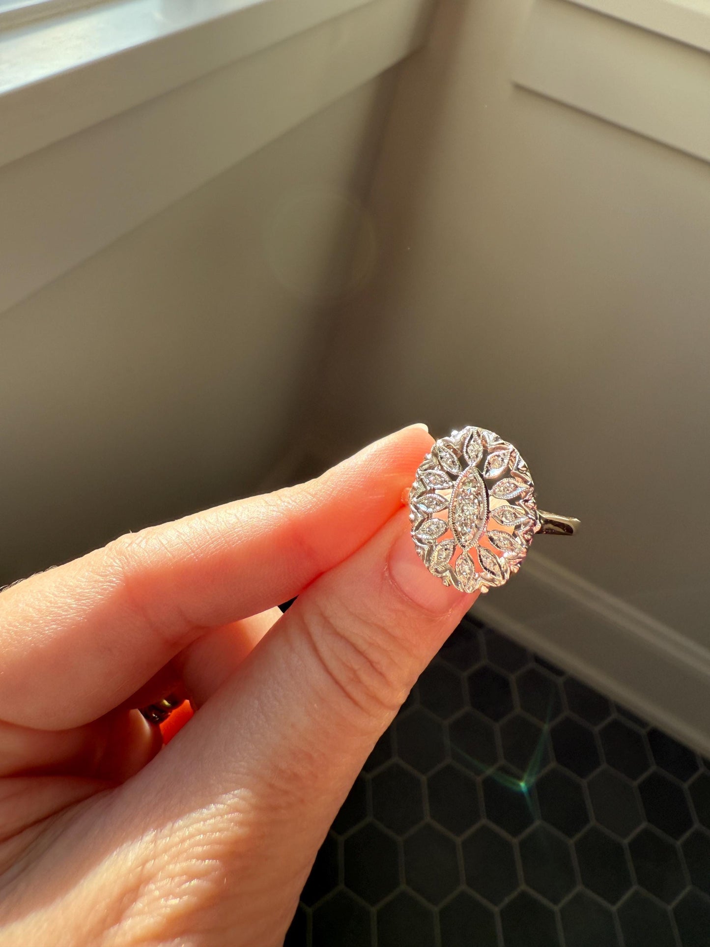 Scalloped Oval Antique Old Single Cut Diamond Open Work Shield Panel Ring 14k Two Tone Gold Cocktail Stacker Marquise Illusion Starburst