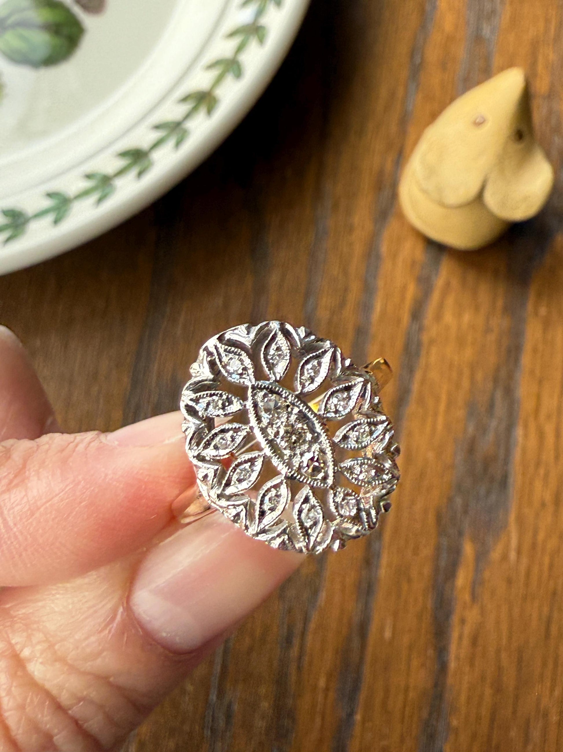 Scalloped Oval Antique Old Single Cut Diamond Open Work Shield Panel Ring 14k Two Tone Gold Cocktail Stacker Marquise Illusion Starburst