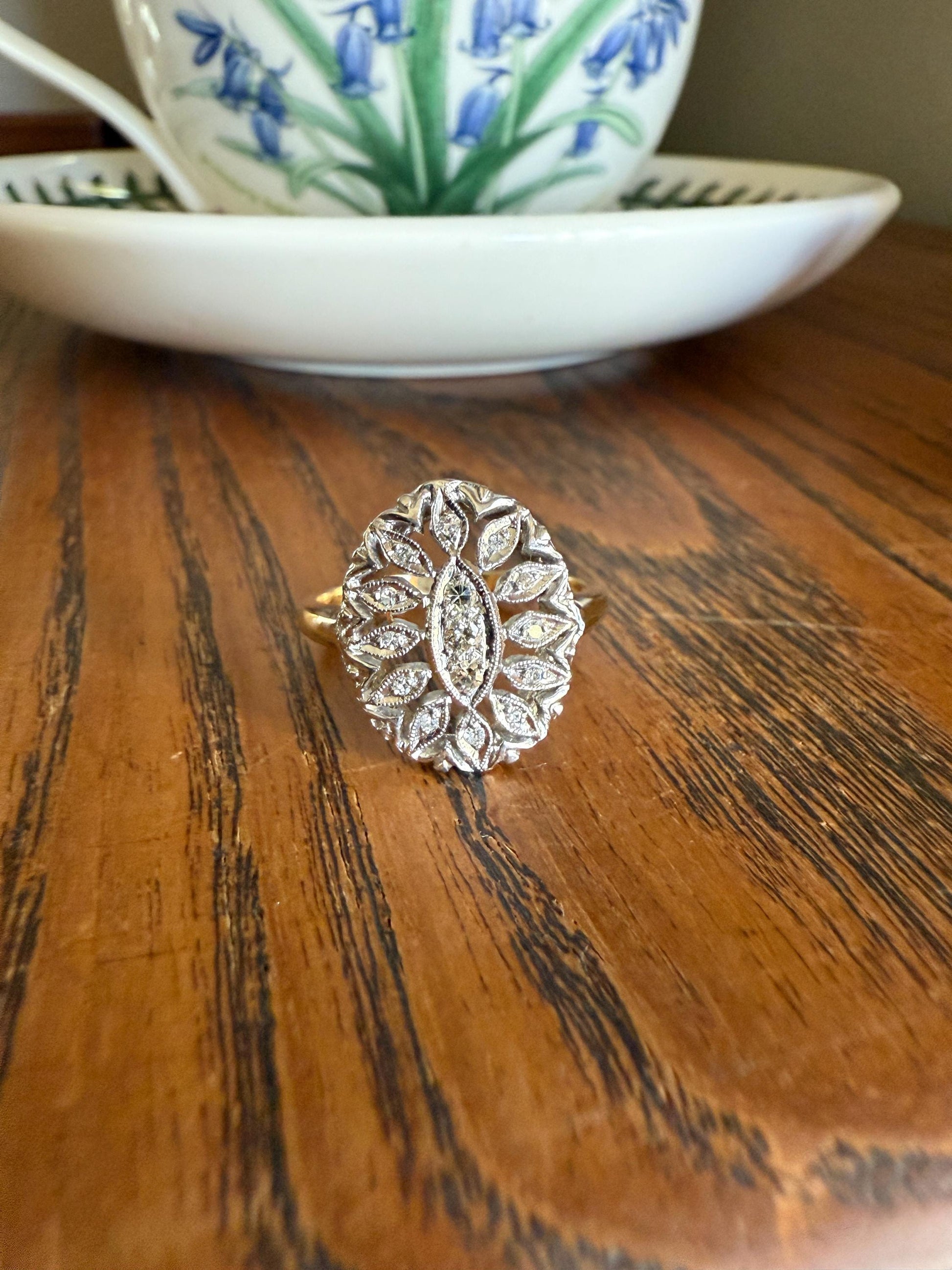 Scalloped Oval Antique Old Single Cut Diamond Open Work Shield Panel Ring 14k Two Tone Gold Cocktail Stacker Marquise Illusion Starburst