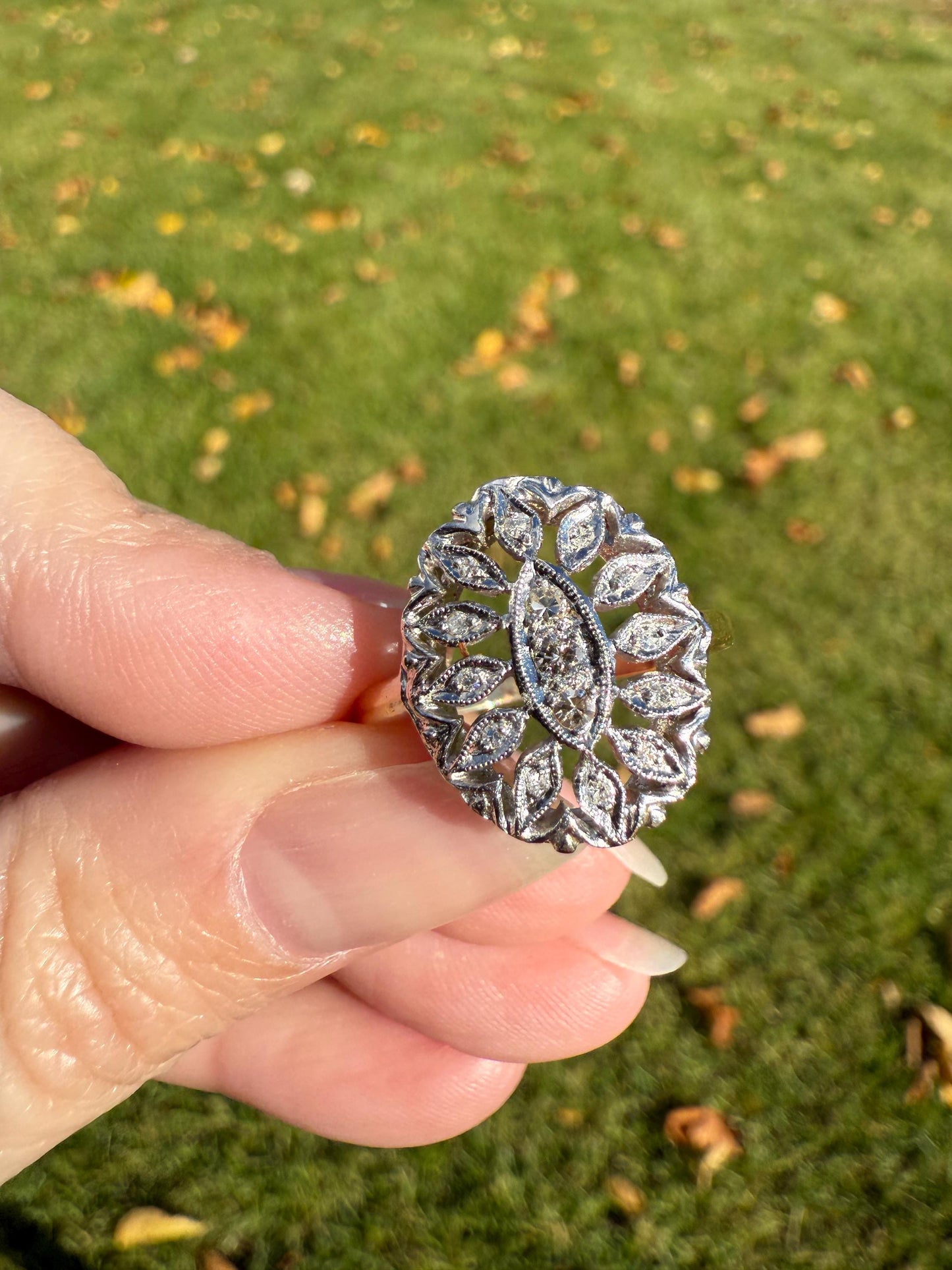 Scalloped Oval Antique Old Single Cut Diamond Open Work Shield Panel Ring 14k Two Tone Gold Cocktail Stacker Marquise Illusion Starburst