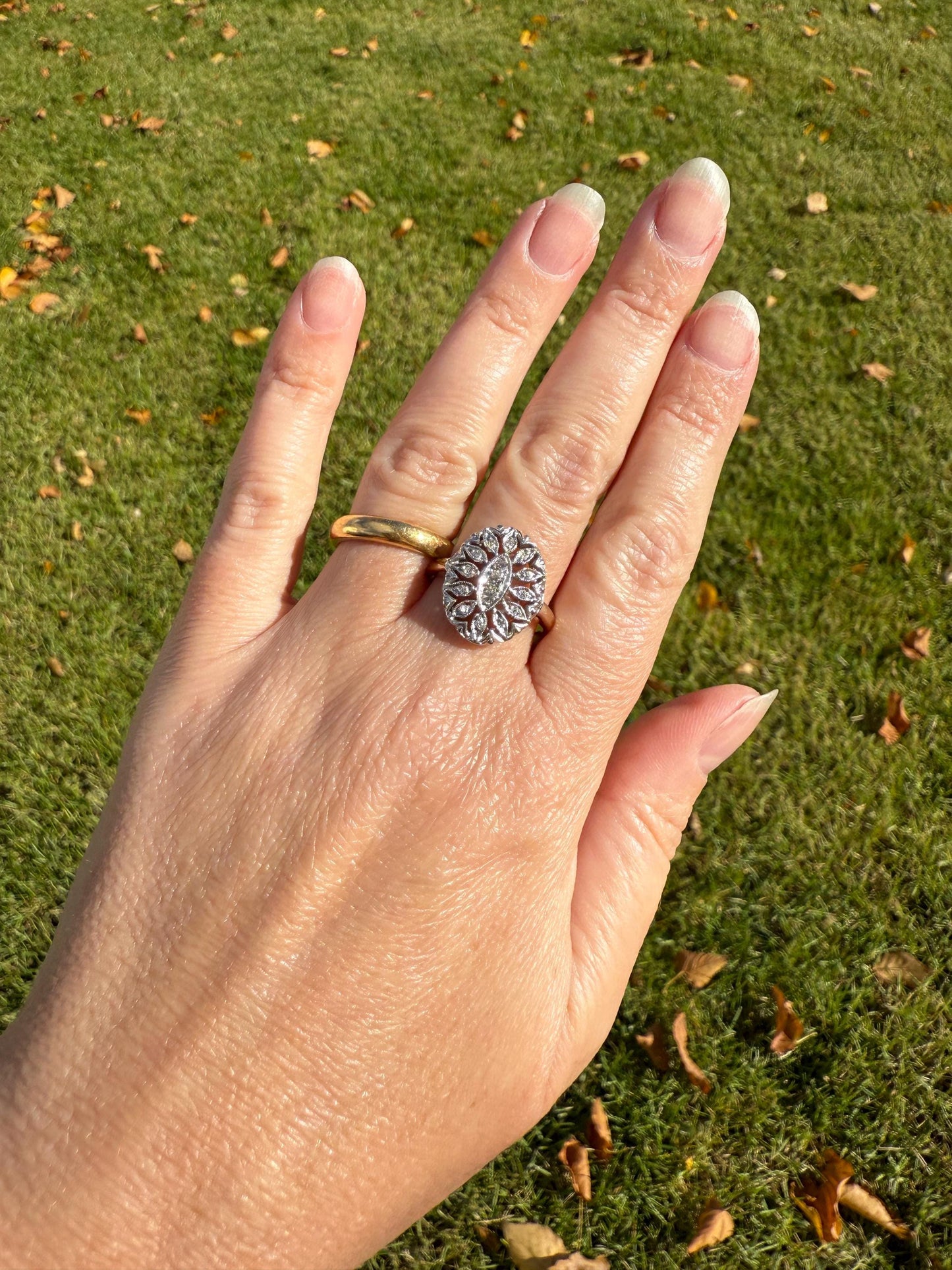 Scalloped Oval Antique Old Single Cut Diamond Open Work Shield Panel Ring 14k Two Tone Gold Cocktail Stacker Marquise Illusion Starburst