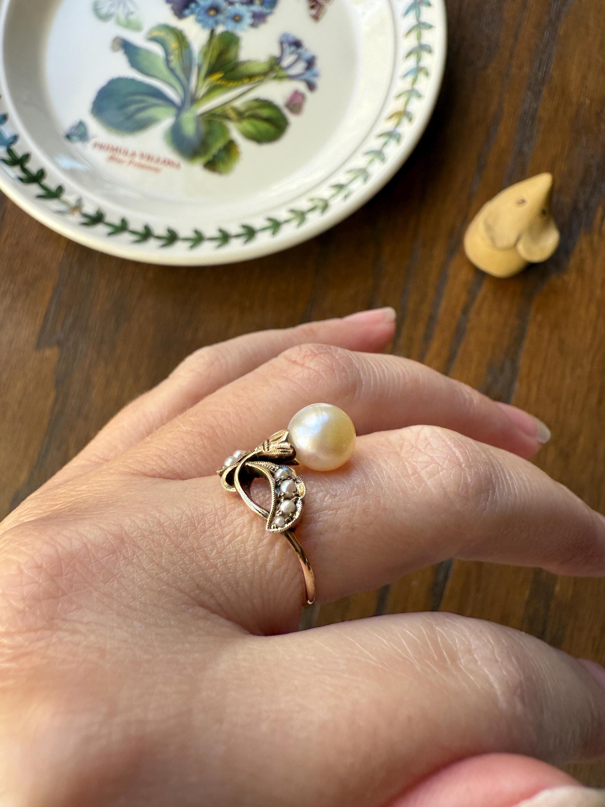 Pearl Floral TIARA RING Antique Art Nouveau Victorian Swirl Seed Pearl Ring 14k Gold Rosy Solid Cocktail Stacker Ornate Romantic Gift