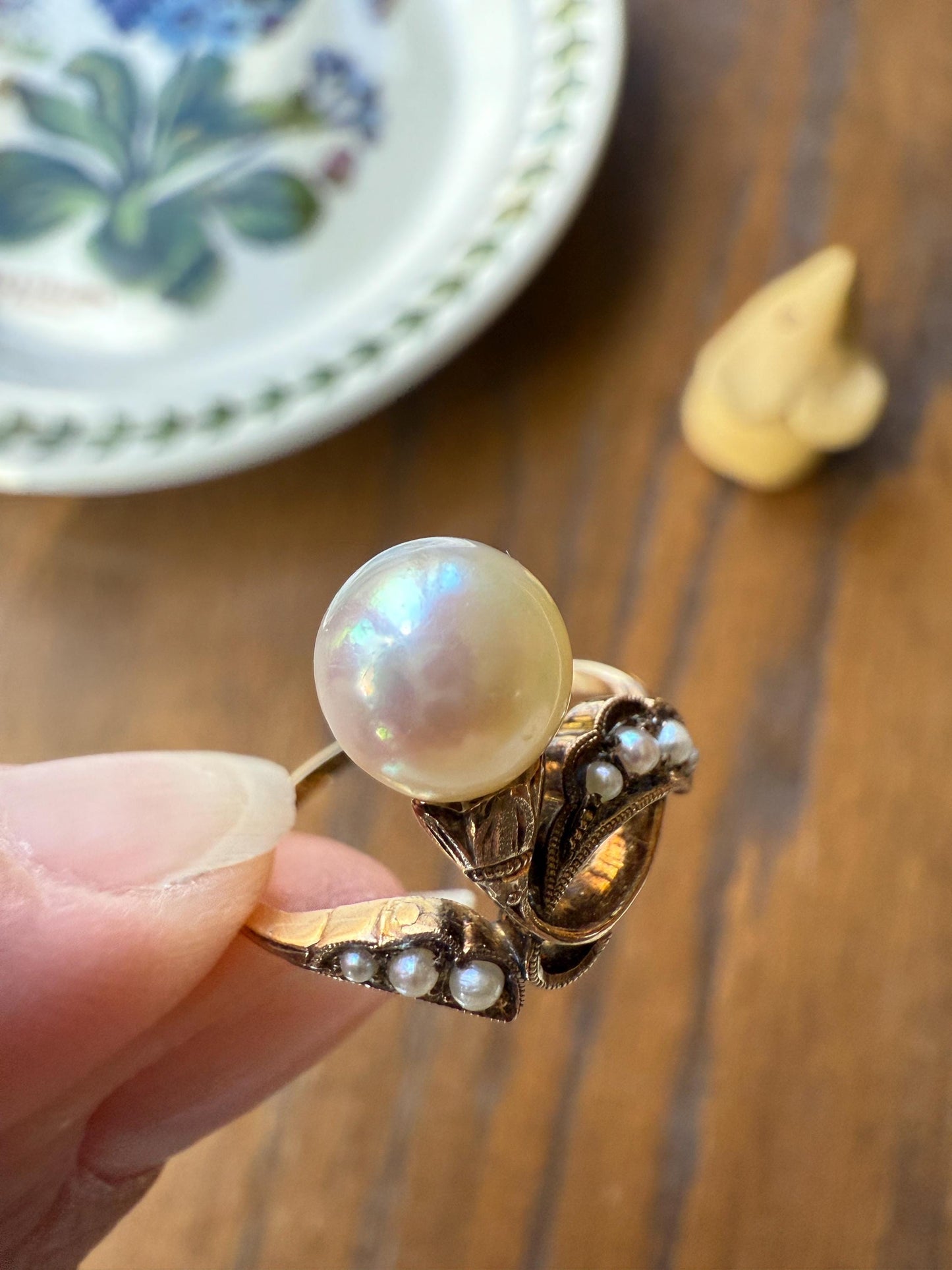 Pearl Floral TIARA RING Antique Art Nouveau Victorian Swirl Seed Pearl Ring 14k Gold Rosy Solid Cocktail Stacker Ornate Romantic Gift