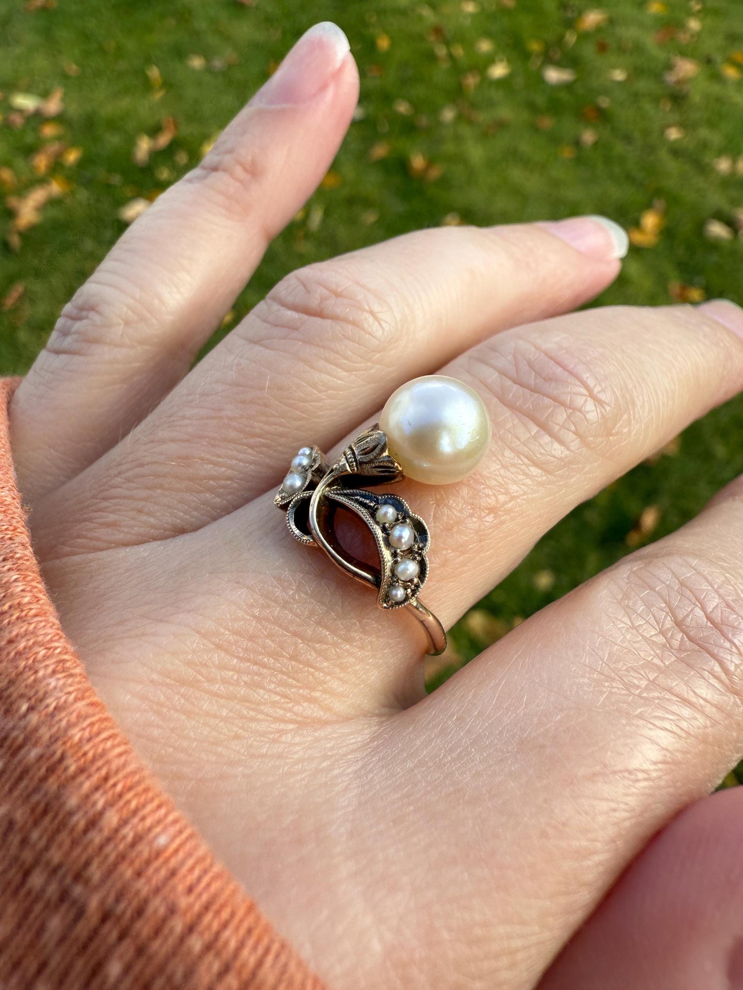 Pearl Floral TIARA RING Antique Art Nouveau Victorian Swirl Seed Pearl Ring 14k Gold Rosy Solid Cocktail Stacker Ornate Romantic Gift