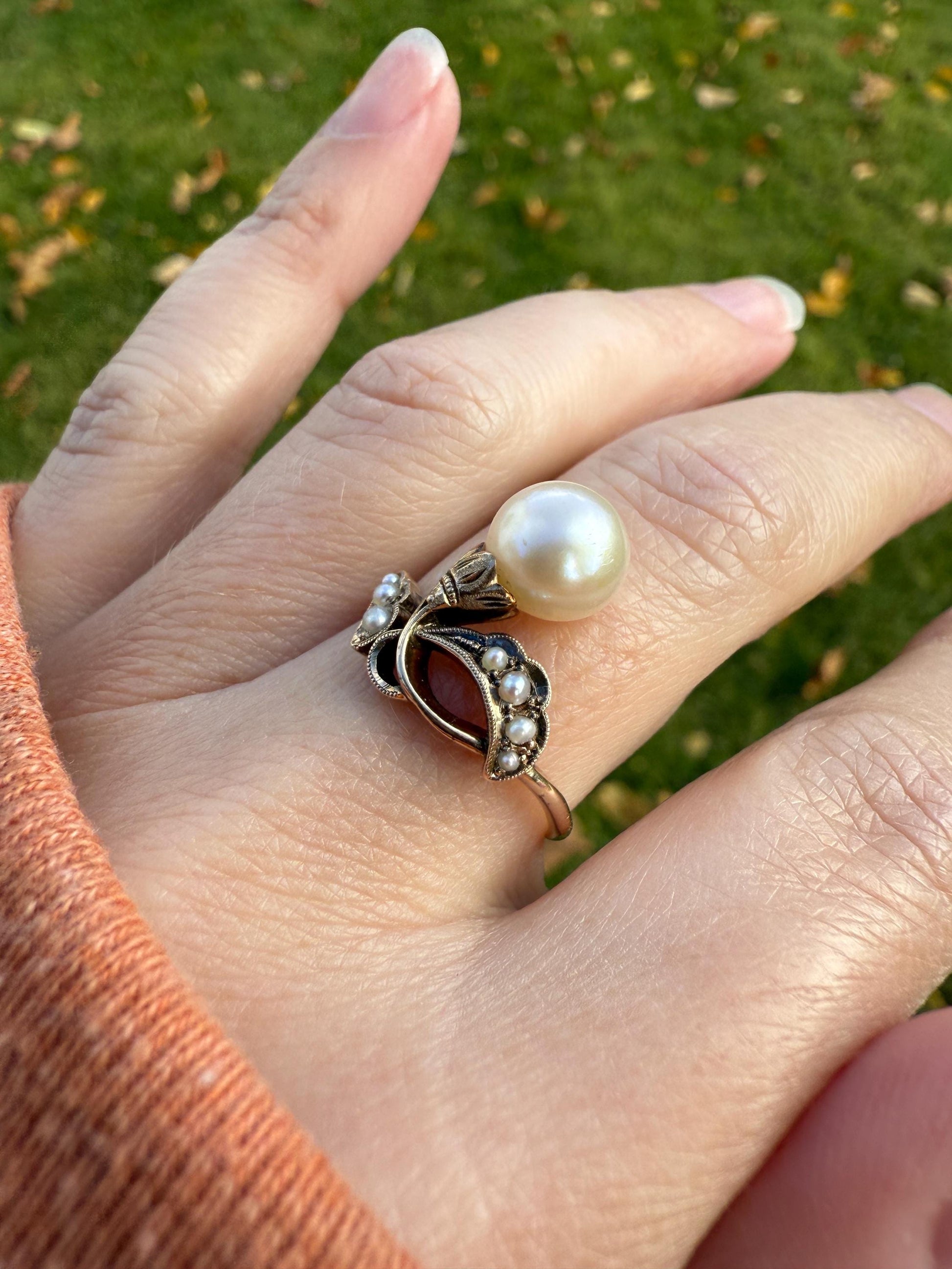 Pearl Floral TIARA RING Antique Art Nouveau Victorian Swirl Seed Pearl Ring 14k Gold Rosy Solid Cocktail Stacker Ornate Romantic Gift