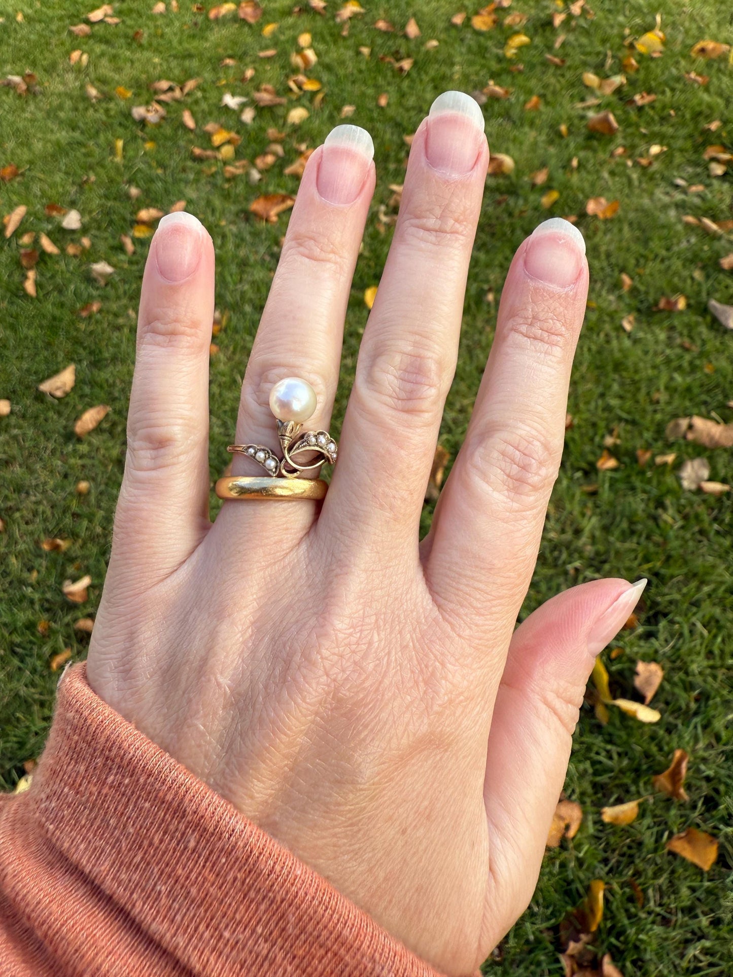 Pearl Floral TIARA RING Antique Art Nouveau Victorian Swirl Seed Pearl Ring 14k Gold Rosy Solid Cocktail Stacker Ornate Romantic Gift