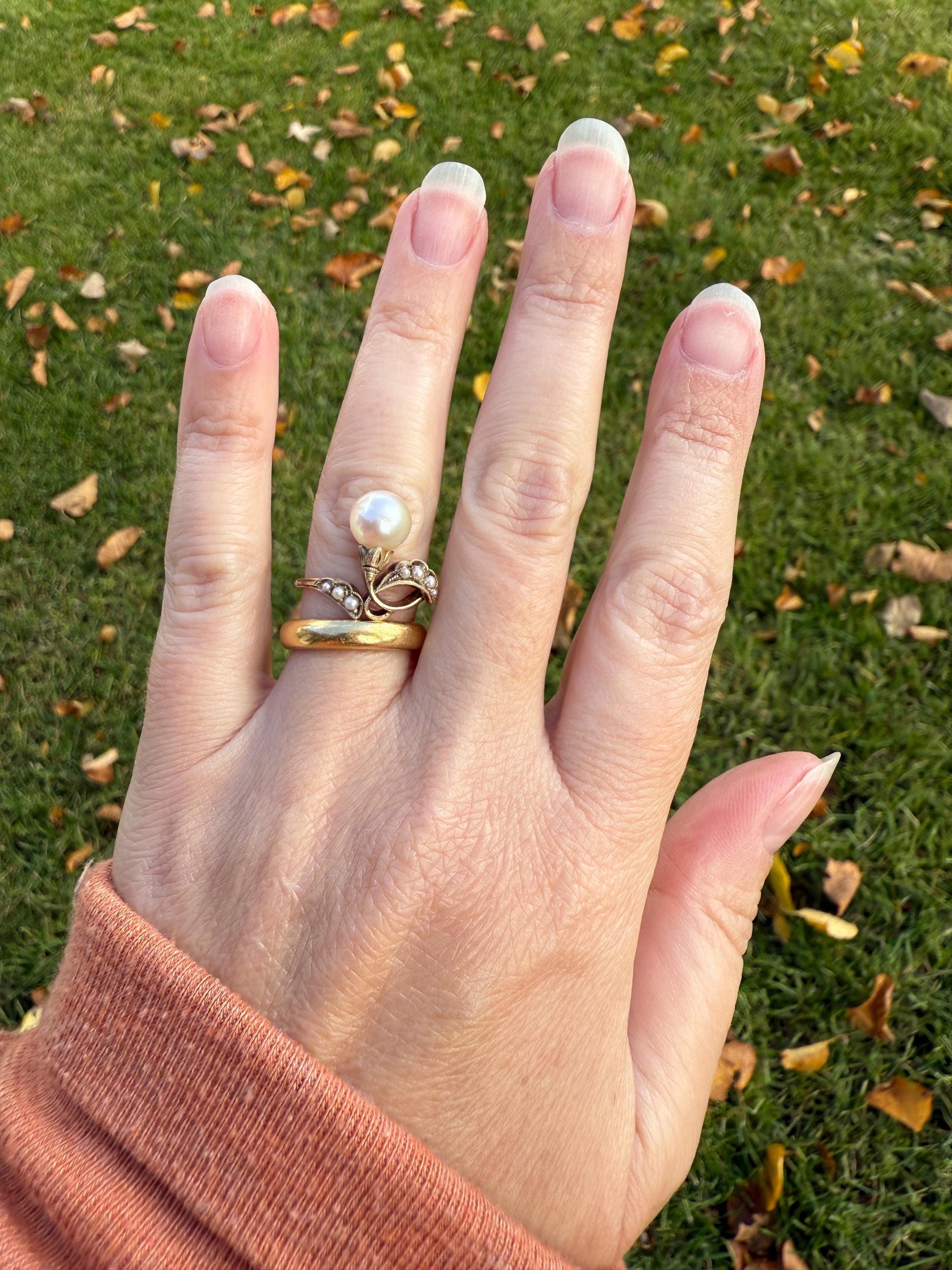 Pearl Floral TIARA RING Antique Art Nouveau Victorian Swirl Seed Pearl Ring 14k Gold Rosy Solid Cocktail Stacker Ornate Romantic Gift