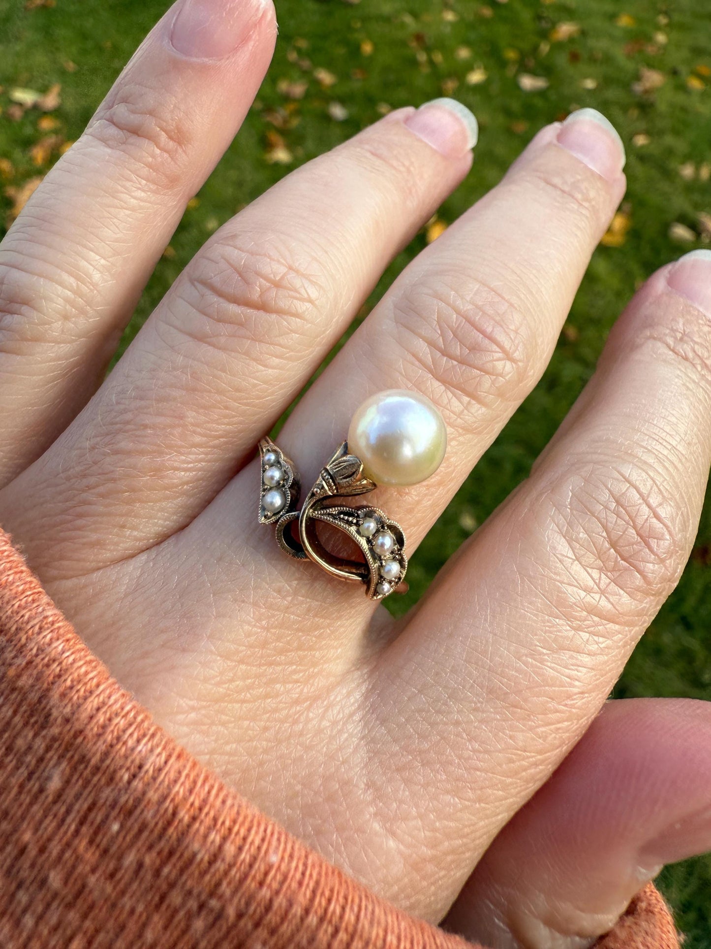 Pearl Floral TIARA RING Antique Art Nouveau Victorian Swirl Seed Pearl Ring 14k Gold Rosy Solid Cocktail Stacker Ornate Romantic Gift