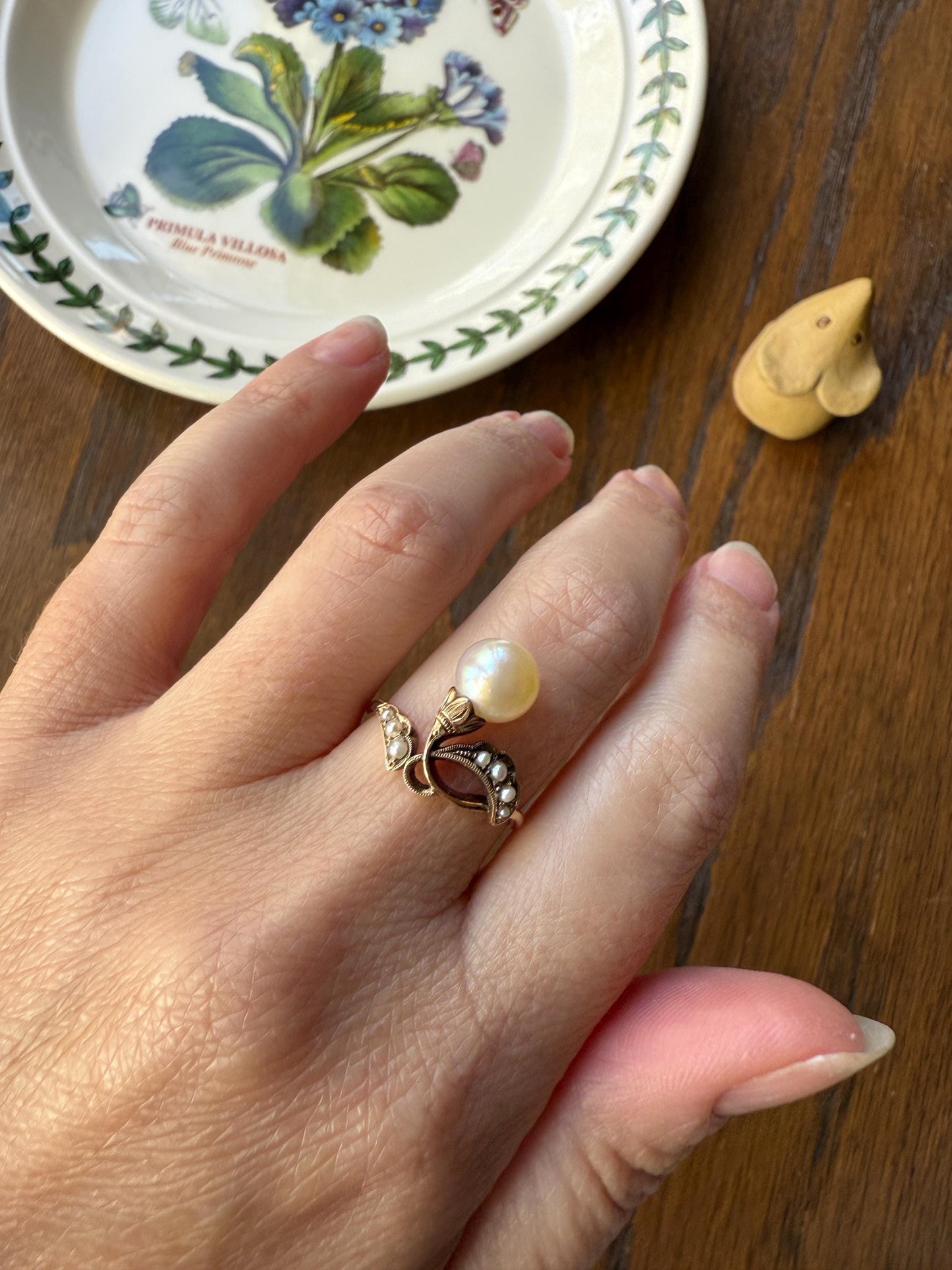 Pearl Floral TIARA RING Antique Art Nouveau Victorian Swirl Seed Pearl Ring 14k Gold Rosy Solid Cocktail Stacker Ornate Romantic Gift