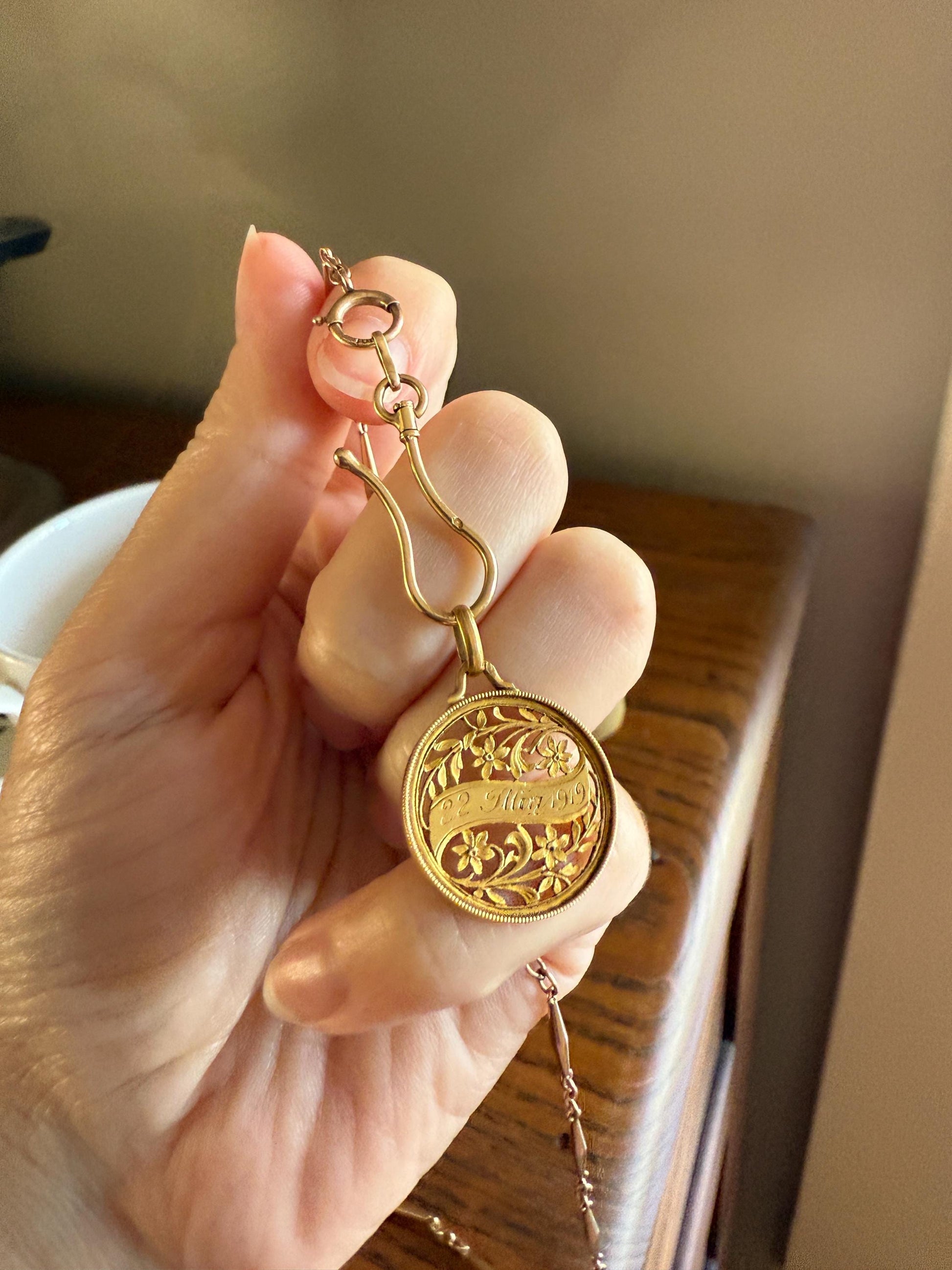 DATED May 22, 1919 Souvenir Ornate Forget Me Not French Engraved Love Medal Art Nouveau Antique 18k Gold PENDANT Belle Epoque Floral Gift